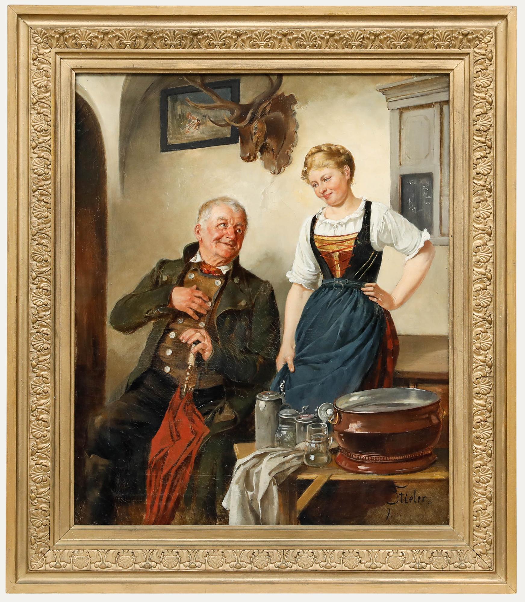 Eugen Von Stieler (1845-1929) – Ölgemälde, patron und die Barmaid, frühes 20. Jahrhundert