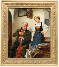 Vintage Eugen Von Stieler (1845-1929) - Early 20th Century Oil, Patron and The Barmaid