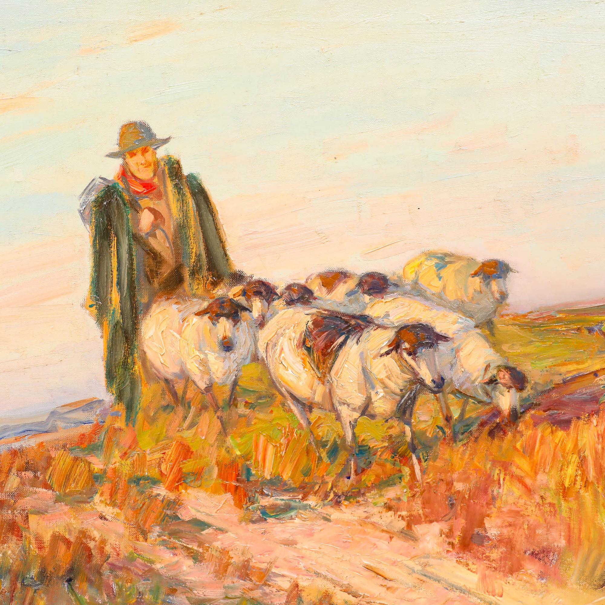 Eugen Von Warun-Sekret (1896-1963) Original, Öl auf Leinwand. Hirtenlandschaft mit einem Hirten, der seine Herde bei Sonnenuntergang führt. Signiert unten rechts. 