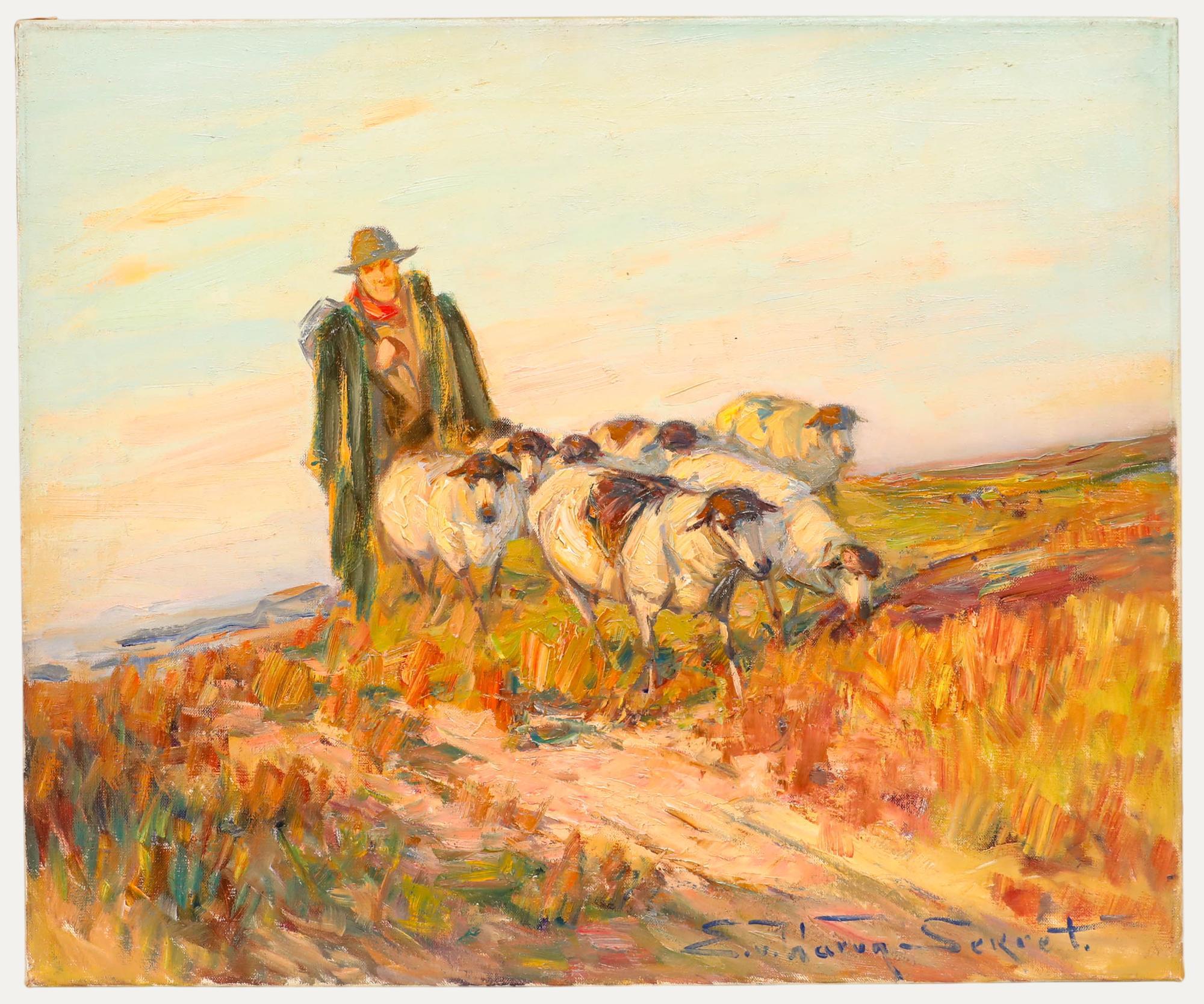 Unknown Landscape Painting – Eugen von Warun-Sekret (1896-1963) - Öl, Ein Hirte mit seiner Herde