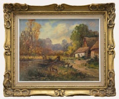 Eugene Demester (1914-1984) - Huile encadrée du 20e siècle, cottage de bord de rivière