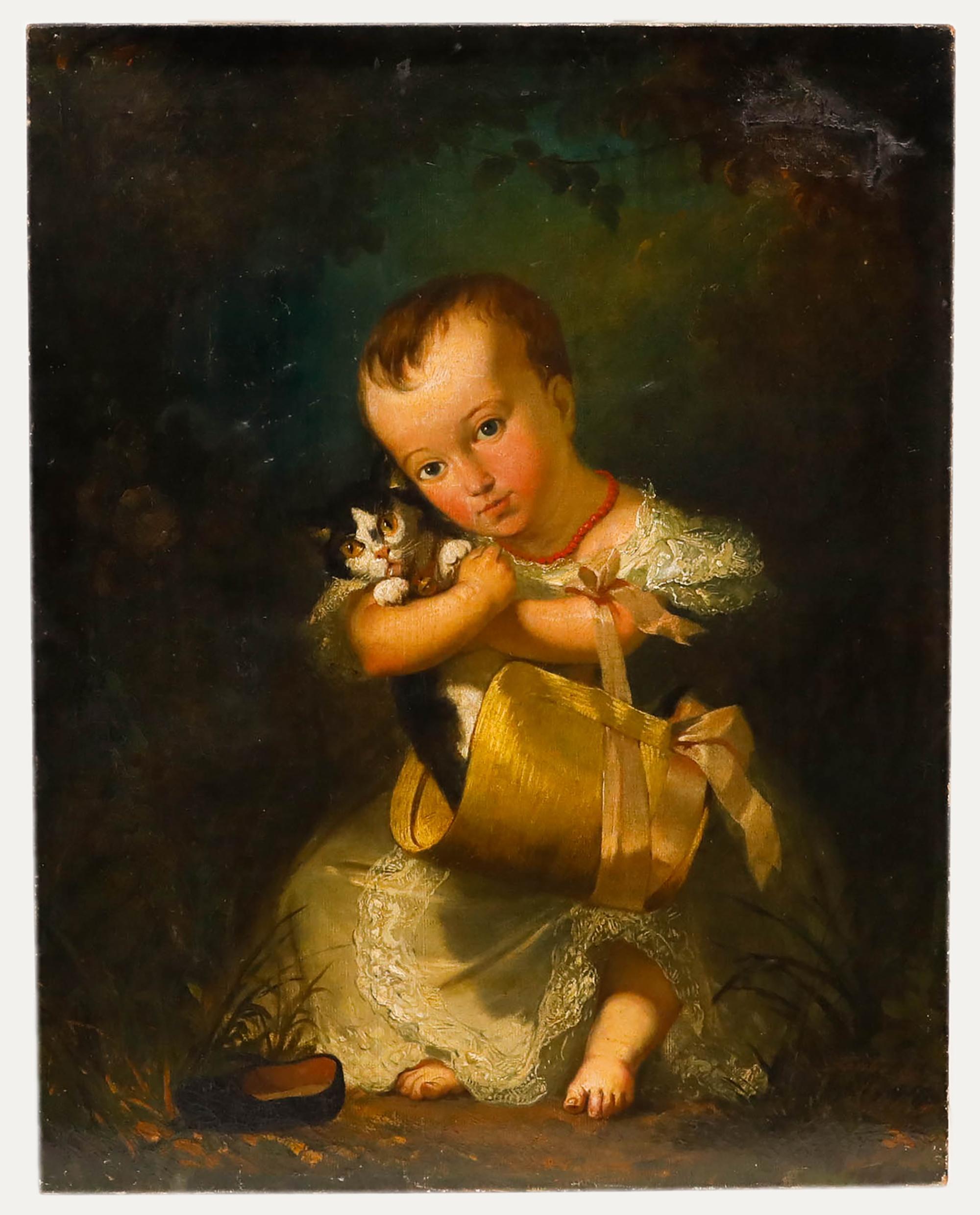 Eugene Gabe – Französisches Ölgemälde, Kind mit Kitten, Mitte des 19. Jahrhunderts – Painting von Unknown