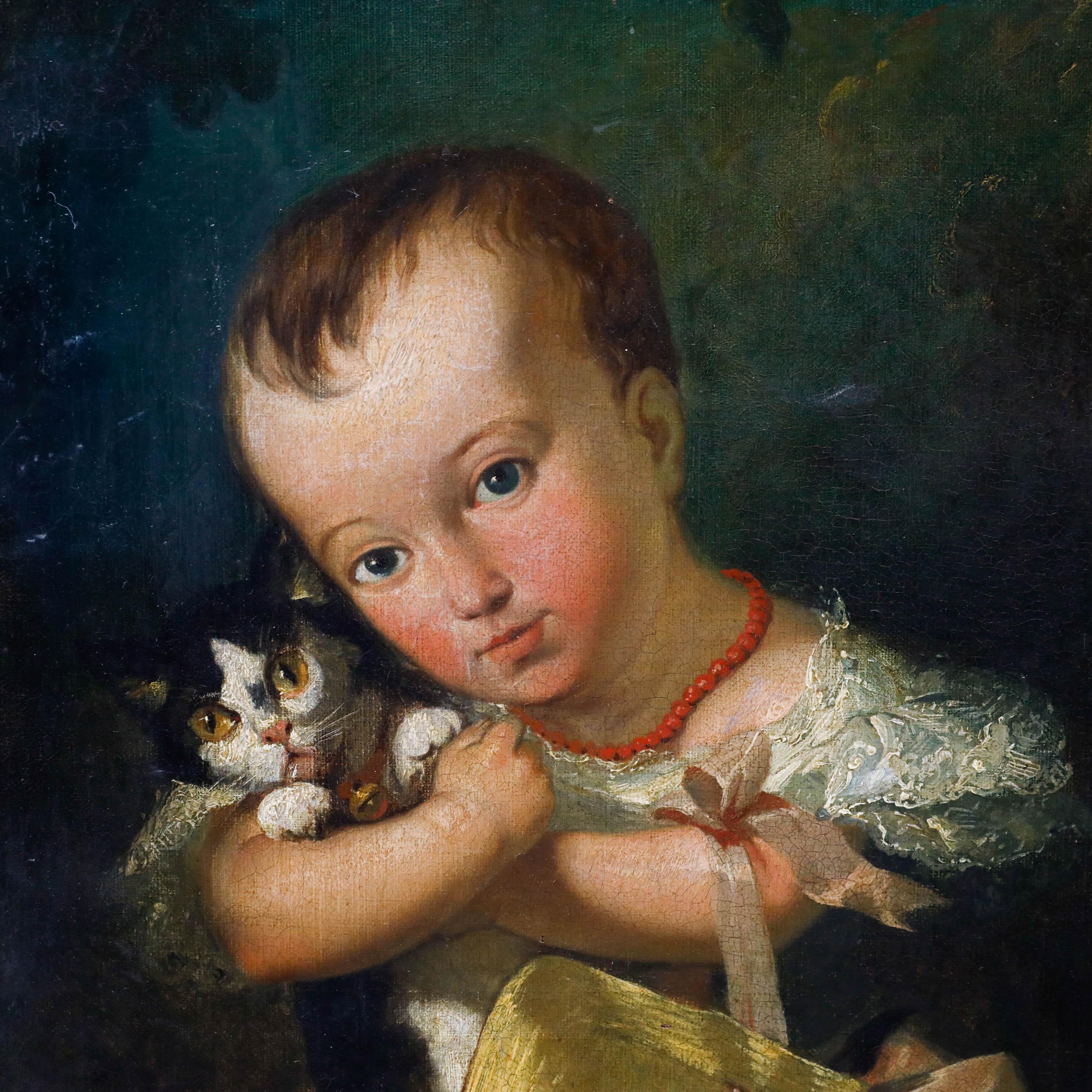 Eugene Gabe – Französisches Ölgemälde, Kind mit Kitten, Mitte des 19. Jahrhunderts (Schwarz), Portrait Painting, von Unknown