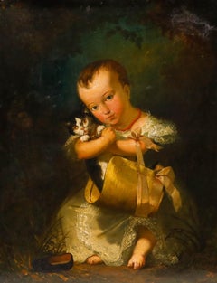 Eugene Gabe - French Mid 19th Century Oil, Child with Kitten