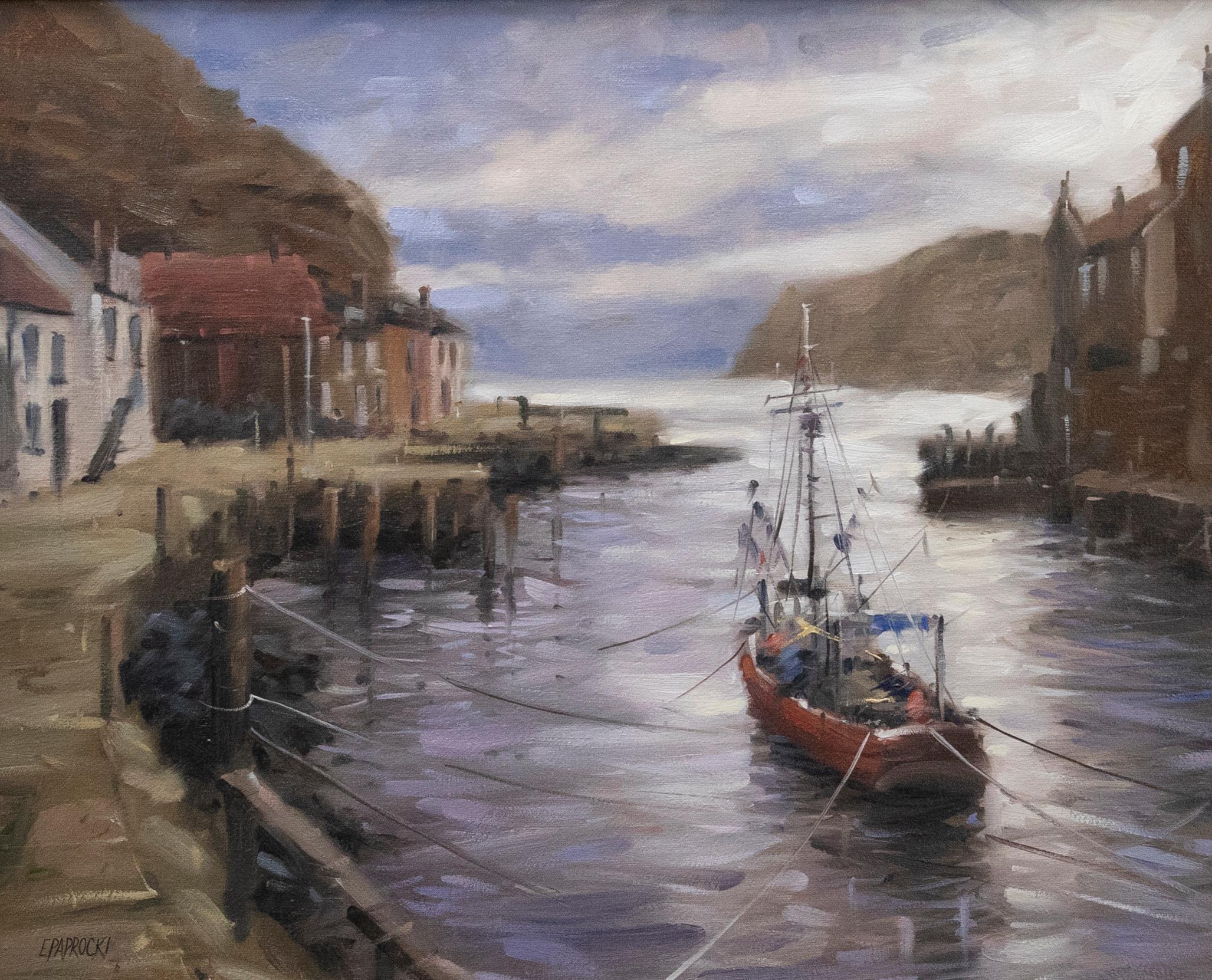 Eugene J. Paprocki - American School Contemporary Oil, Fishing Boats, Yorkshire - Painting by Unknown