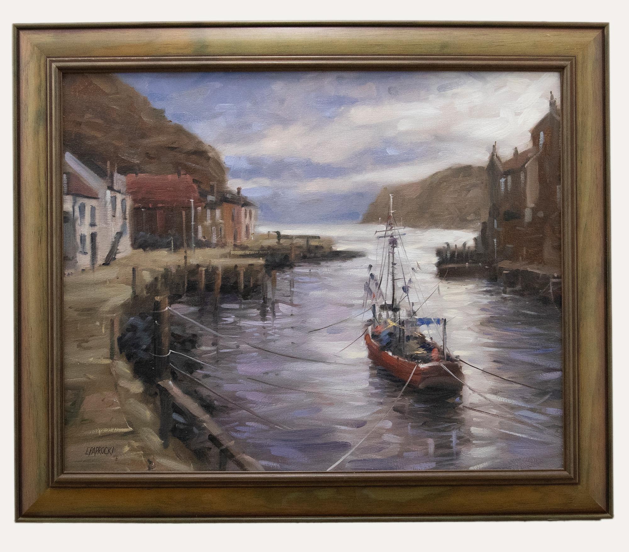Figurative Painting Unknown - Eugene J. Paprocki - Huile contemporaine de l'école américaine, bateaux de pêche, Yorkshire