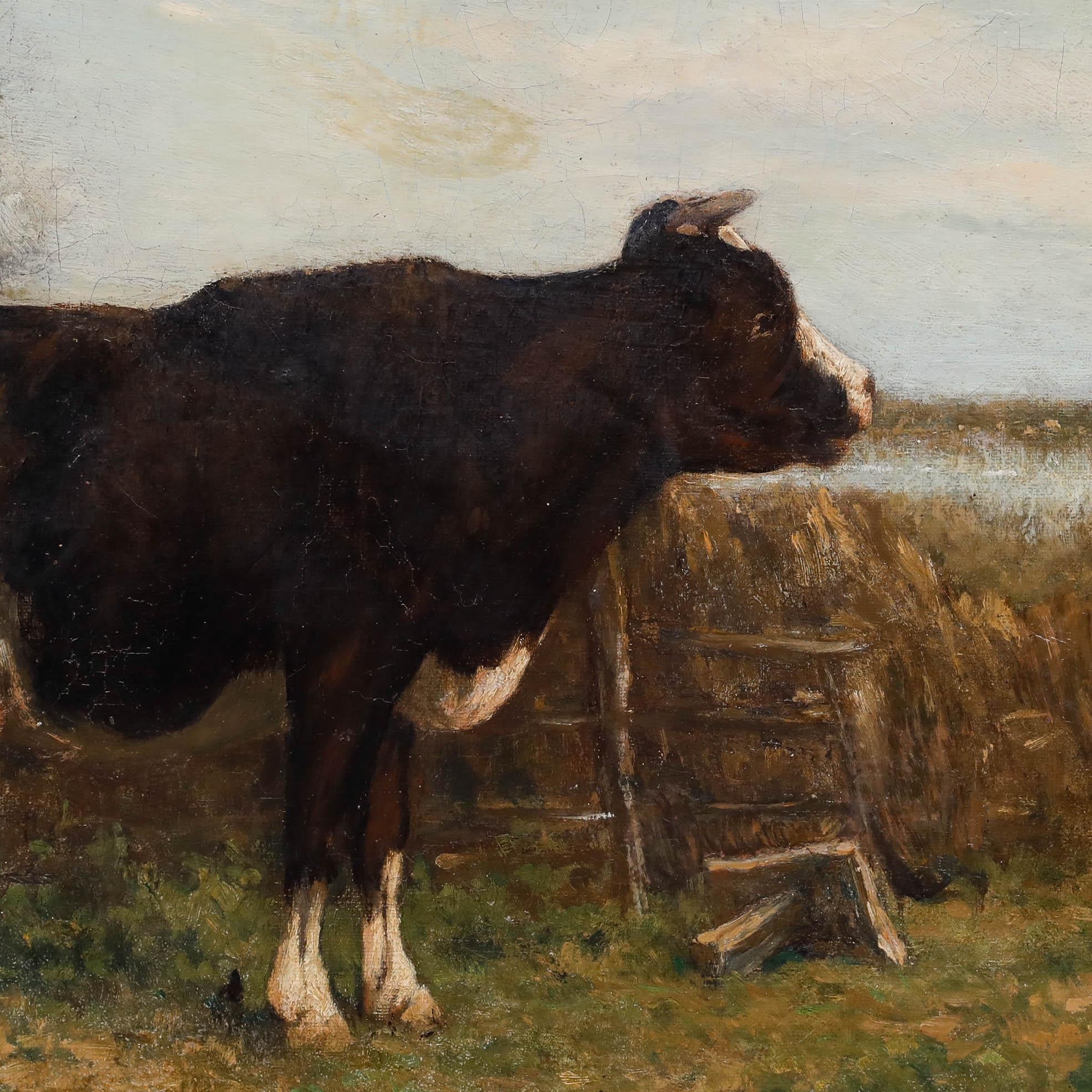 European School, oil on canvas. Study of a cow in a pastoral landscape. Illegibly signed to the lower right. On canvas on stretchers. 