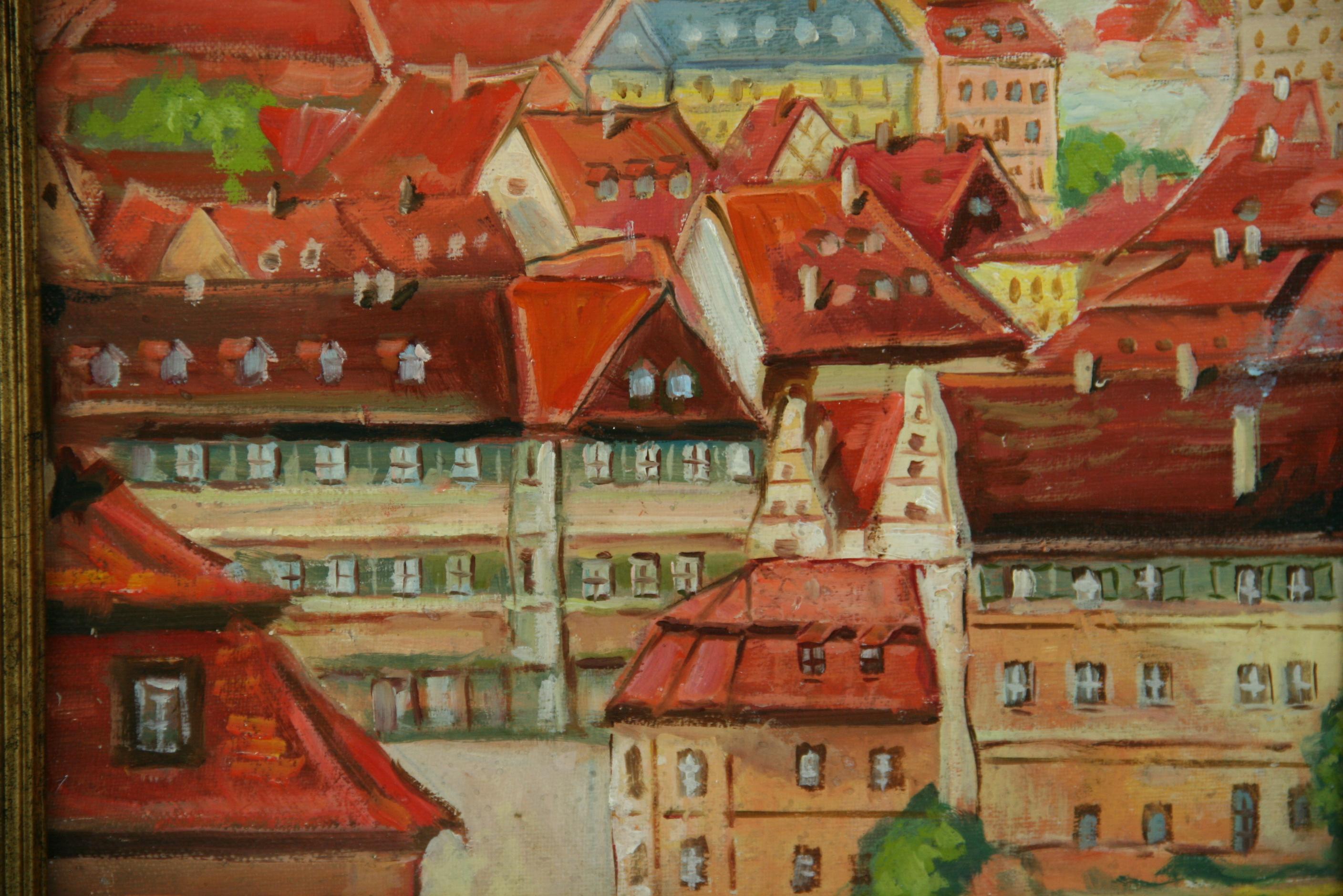 European City Scape  Tower View Landscape 1966 - Brown Landscape Painting by Unknown