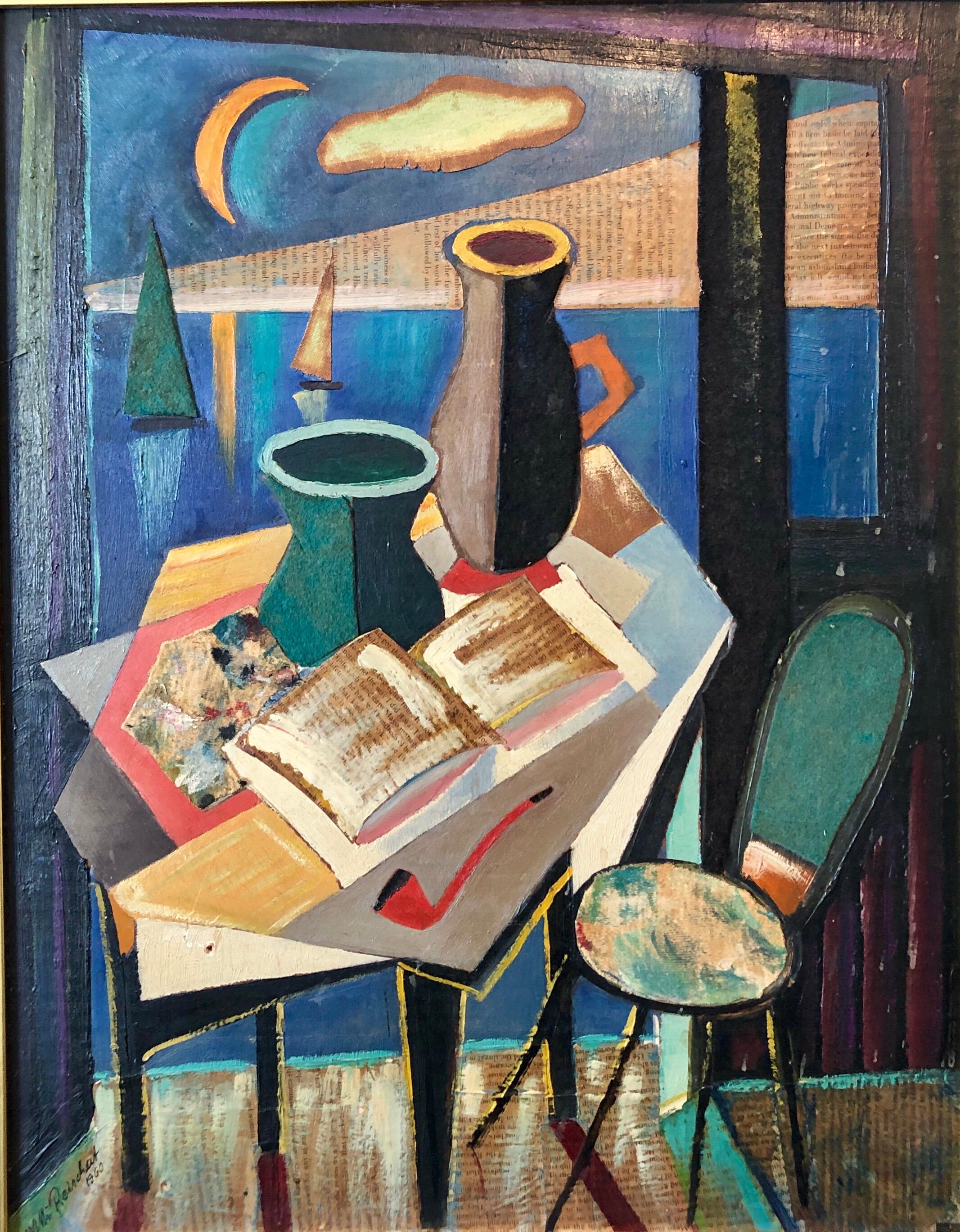 Collage européen Peinture à l'huile cubiste 1960 Intérieur surréaliste avec vase et pipe - Surréalisme Mixed Media Art par Unknown