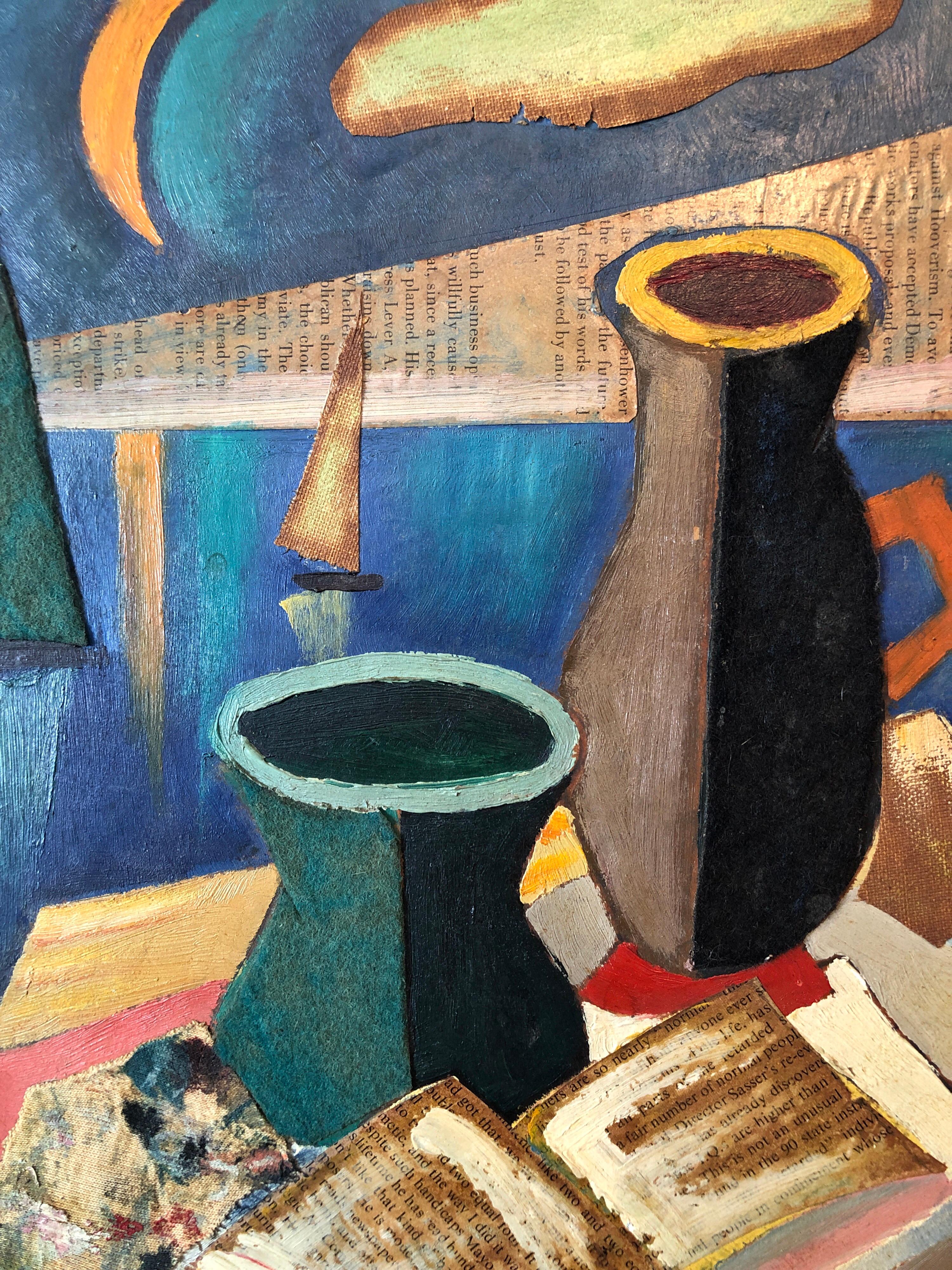 European Collage Cubist Oil Painting 1960 Surrealist Interior with Vase and Pipe For Sale 1