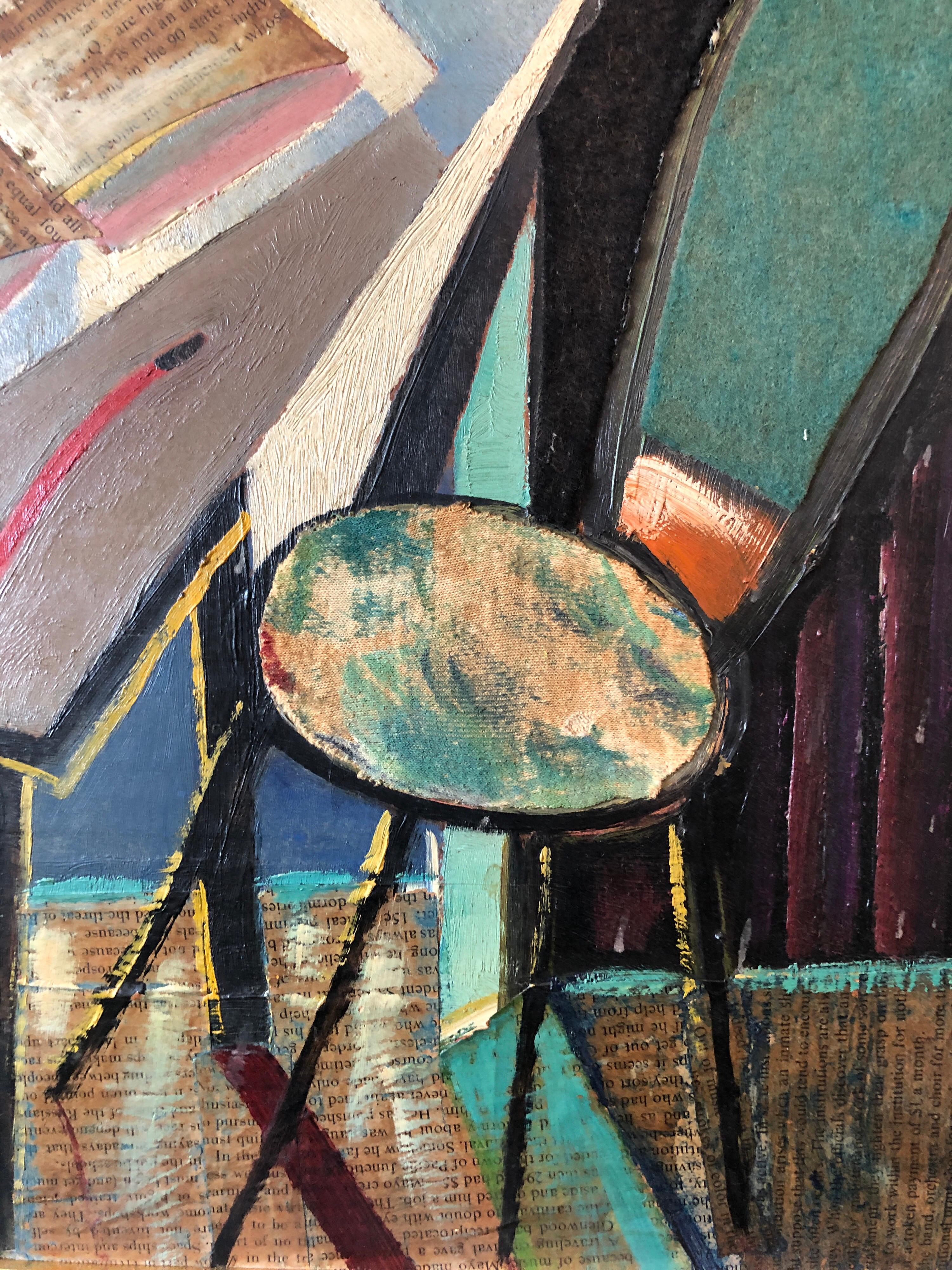 Collage européen Peinture à l'huile cubiste 1960 Intérieur surréaliste avec vase et pipe en vente 1