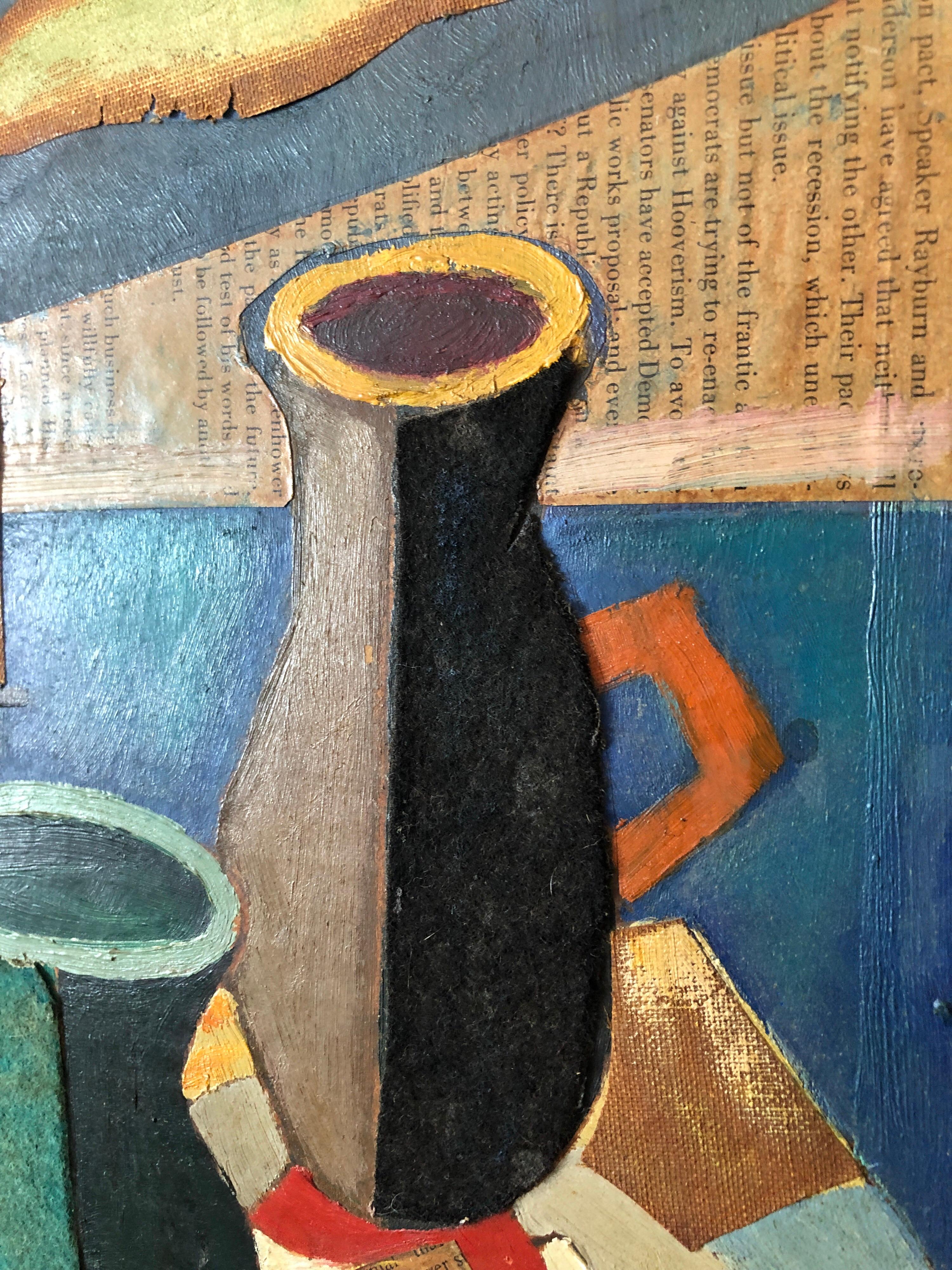 Collage européen Peinture à l'huile cubiste 1960 Intérieur surréaliste avec vase et pipe en vente 3