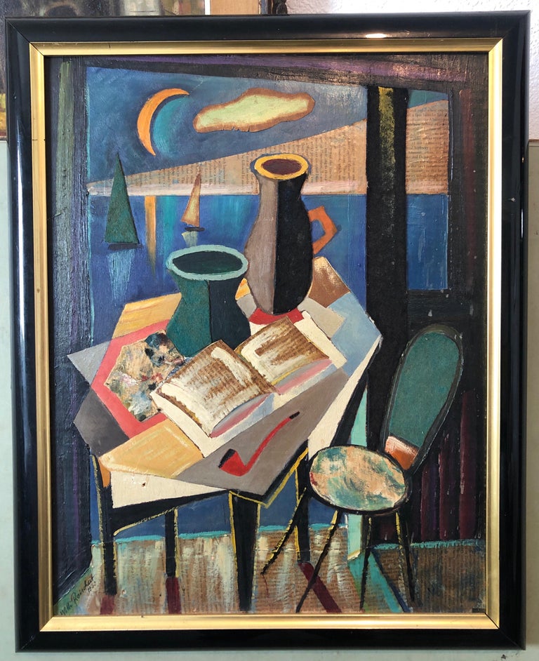 European Collage Cubist Oil Painting 1960 Surrealist Interior with Vase and Pipe For Sale 6