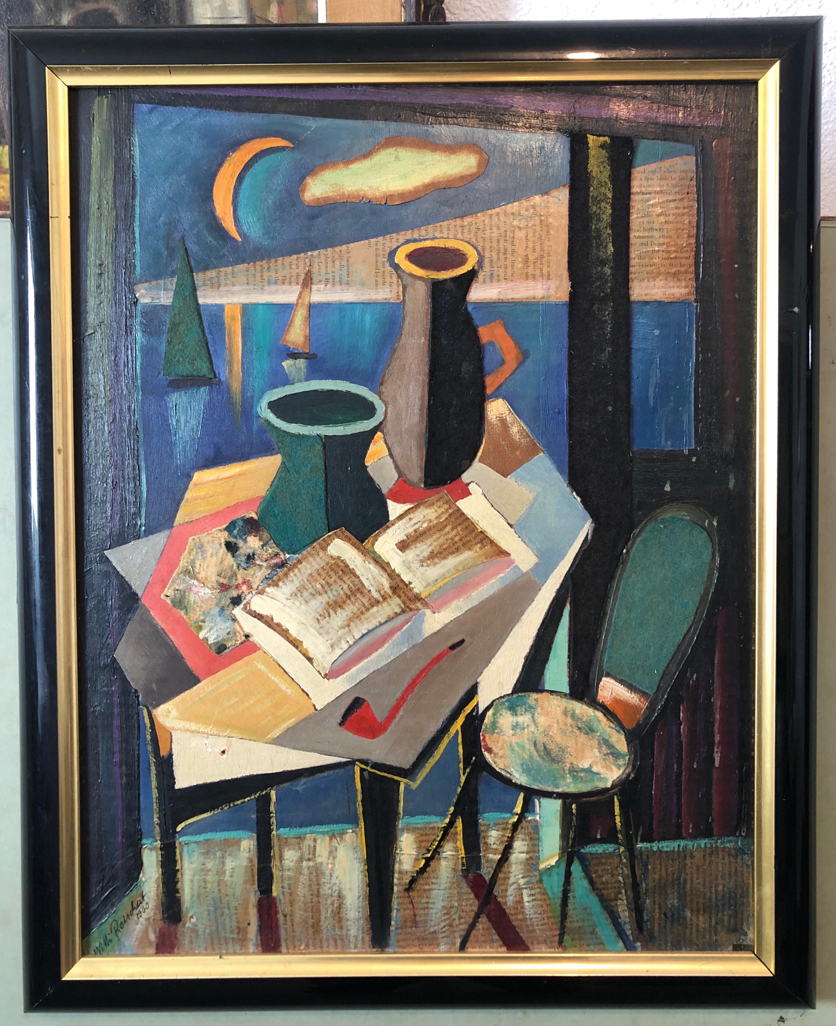European Collage Cubist Oil Painting 1960 Surrealist Interior with Vase and Pipe For Sale 7