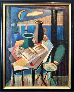 Collage europeo Pittura ad olio cubista 1960 Interno surrealista con vaso e pipa