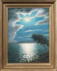 European Impressionist Moonlit Coastal Seascape Framed Original Oil Painting