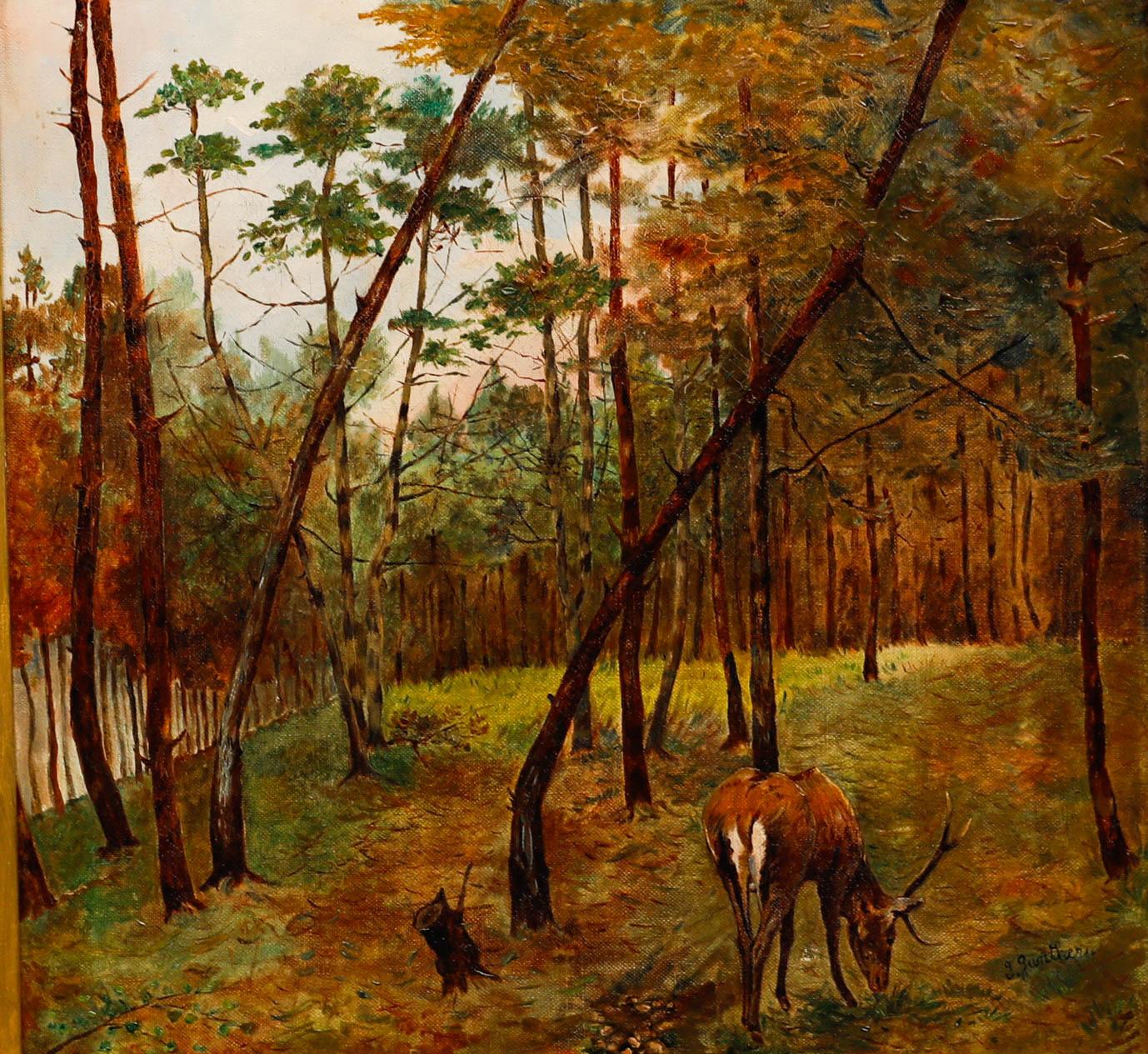 Huile européenne de la fin du 19e siècle - Cerf dans une forêt sereine - Painting de Unknown