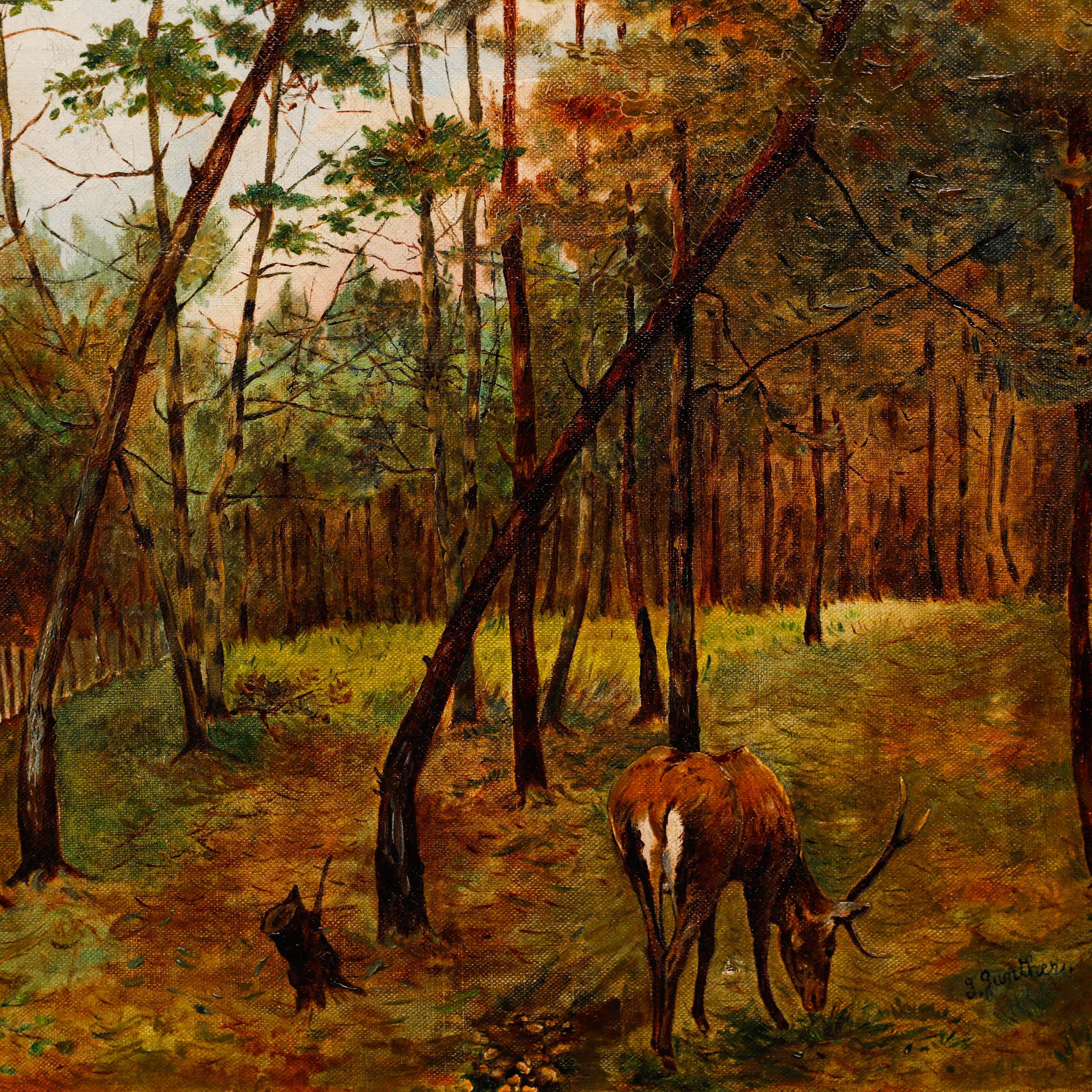 Cette peinture à l'huile de l'École européenne de la fin du XIXe siècle représente une scène de forêt sereine avec un cerf solitaire broutant au milieu d'arbres élancés. La composition attire l'œil du spectateur à travers la forêt, créant ainsi une