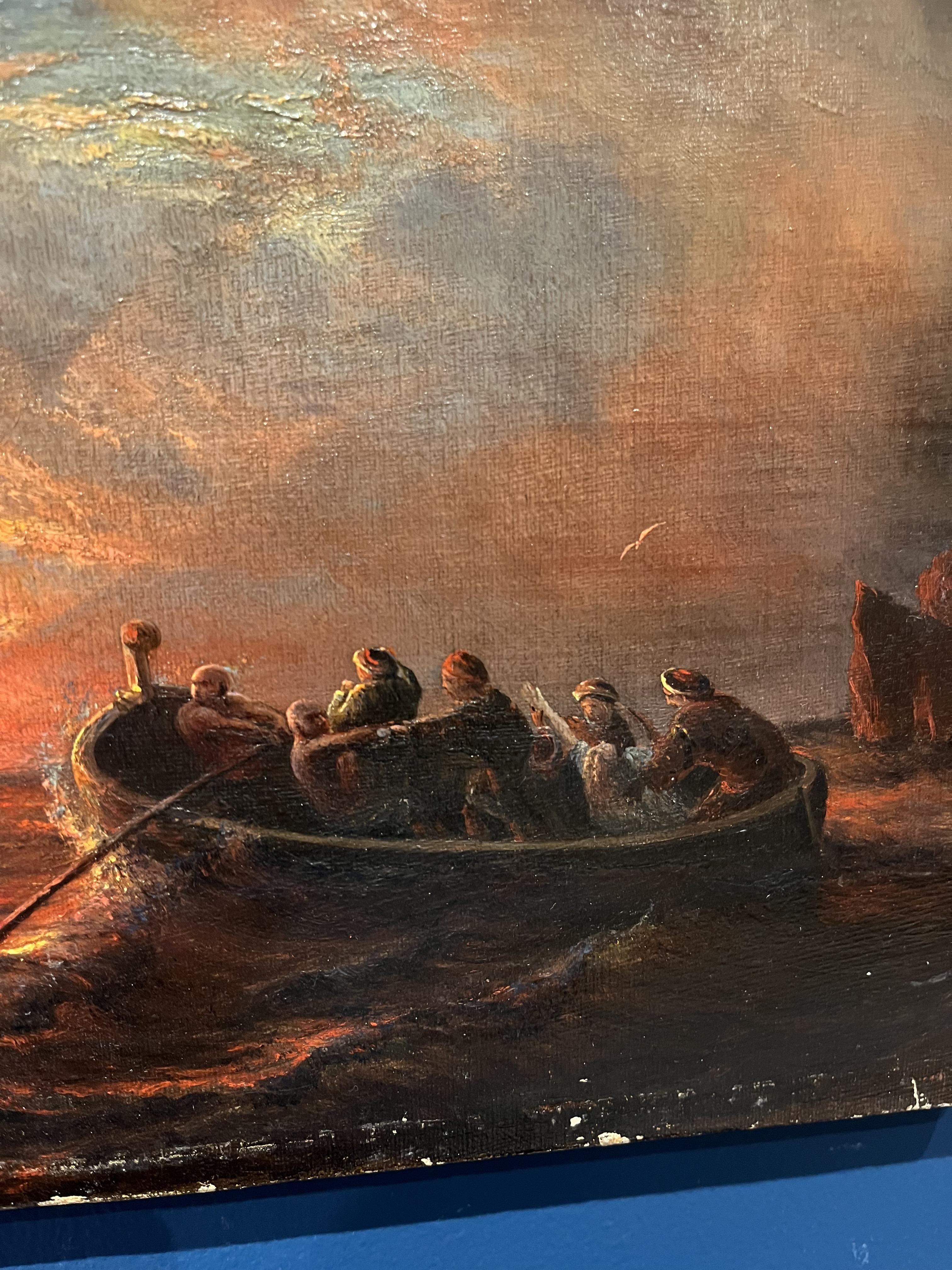 This captivating seascape painting showing two boats: one kidnapping a woman and her slave and the other, more distant is most likely from a European or American school. Although the artist is unknown, it is from the mid to late 19th century and
