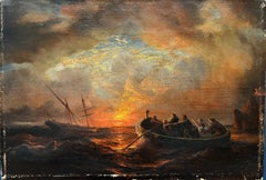 European or American School Oil Painting; Boat on European Coast