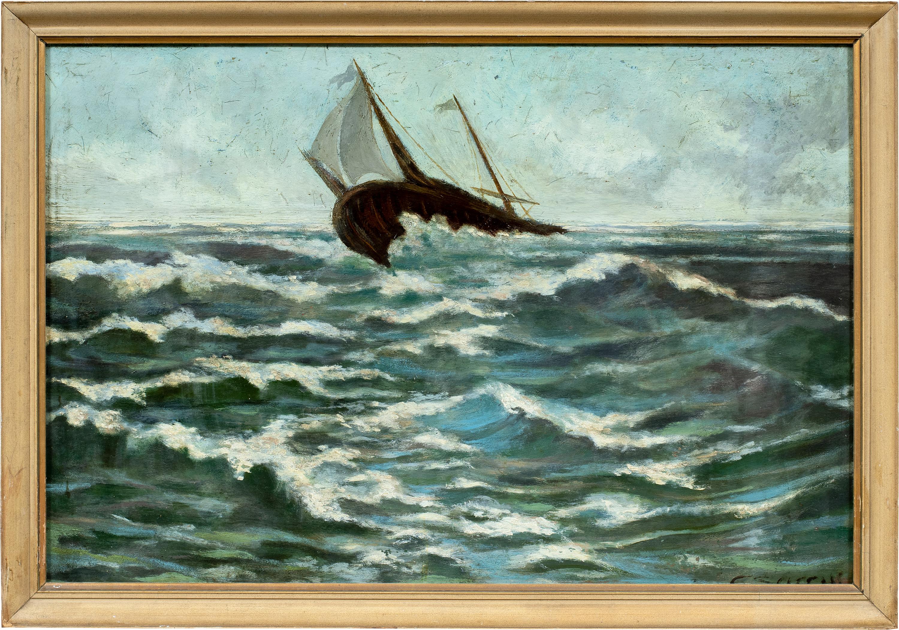 European painter - 19th-20th century stormy sea with sailing ship painting