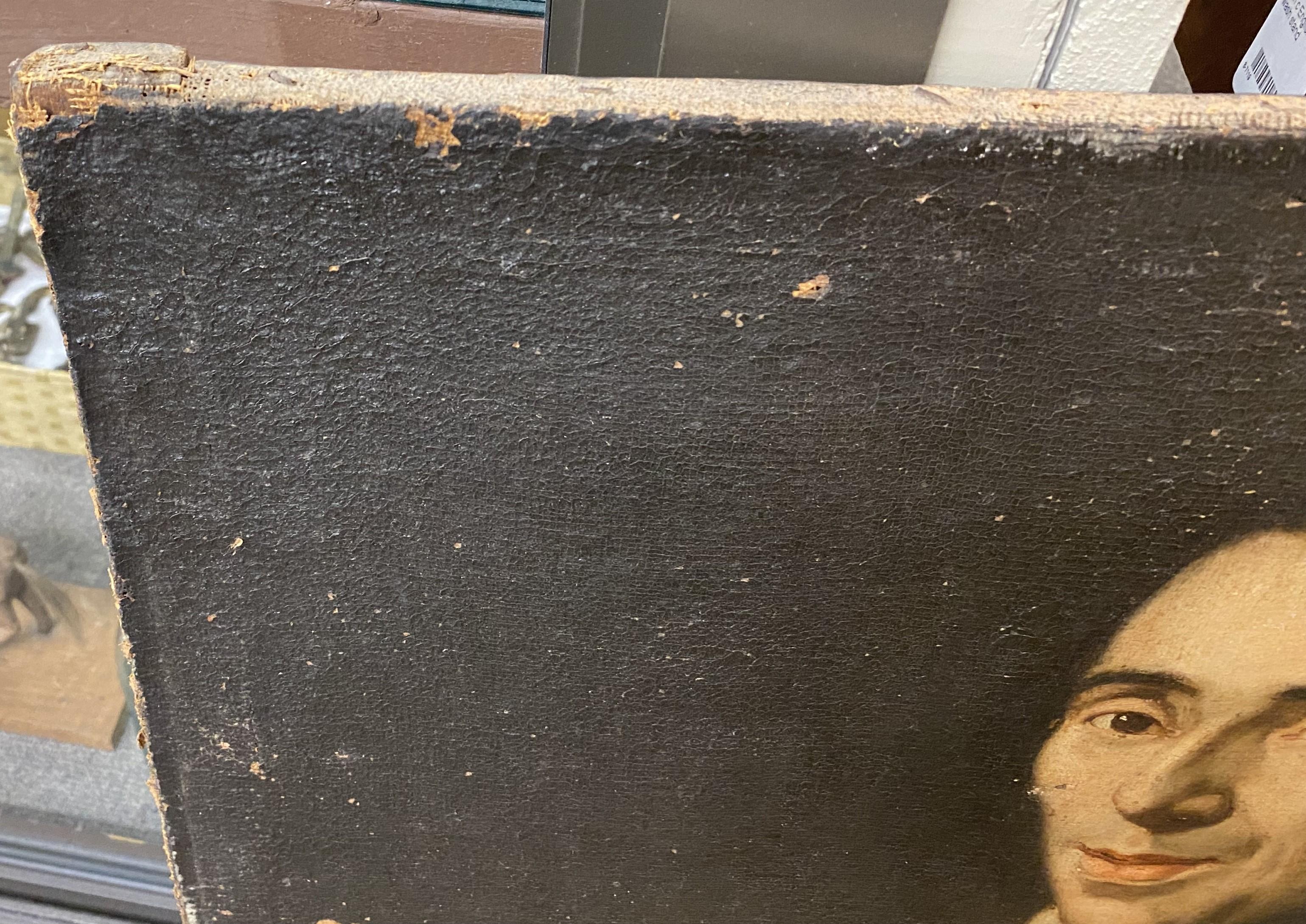 A fine European portrait of a priest, oil on canvas, probably dating to the 17th or 18th century, unsigned, with original stretcher, minor surface losses and damage, craquelure, edge losses, and wear commensurate with age and use. Dimensions: 29.5