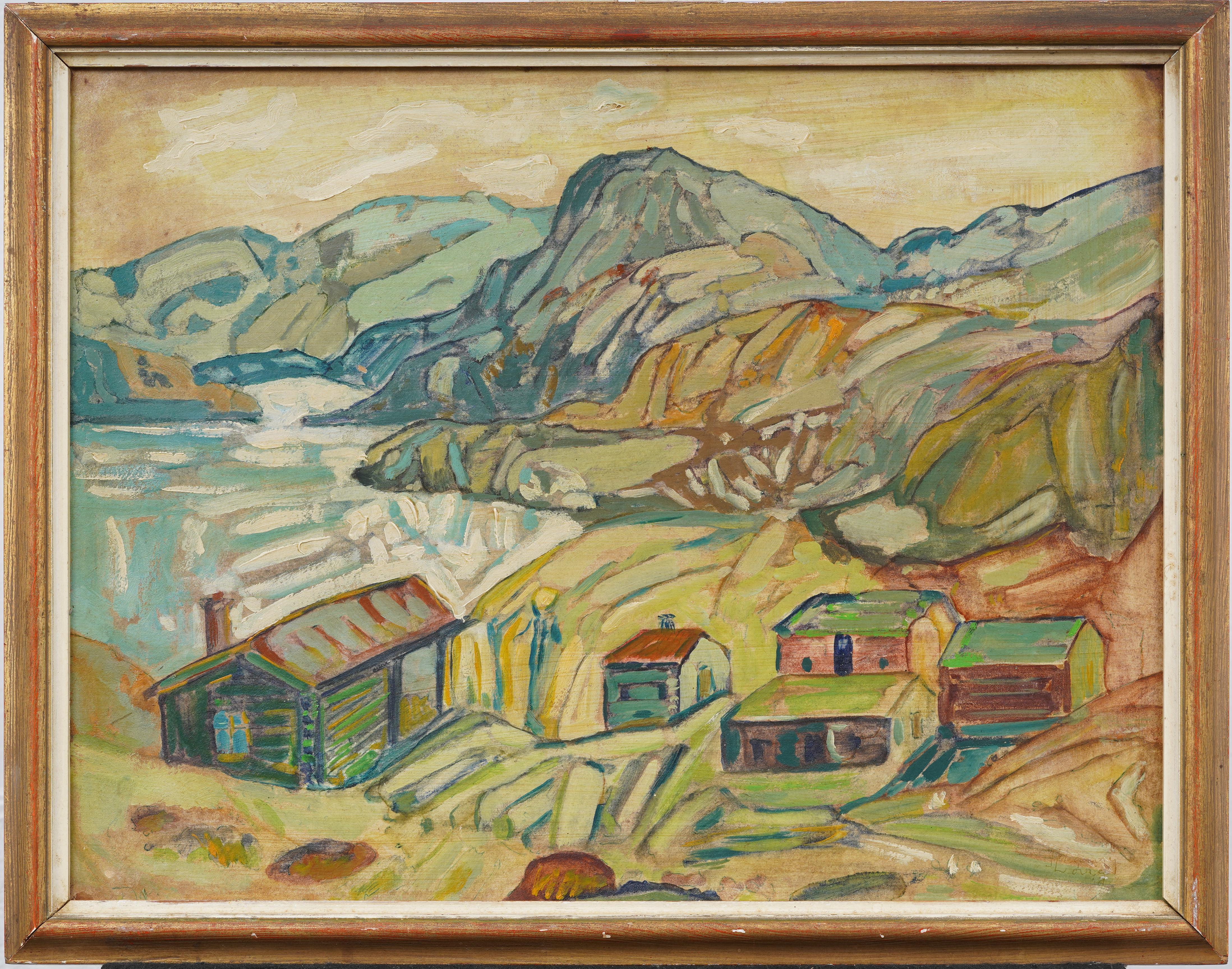 Pittura ad olio europea post-impressionista della valle di montagna Townes, paesaggio moderno - Painting di Unknown
