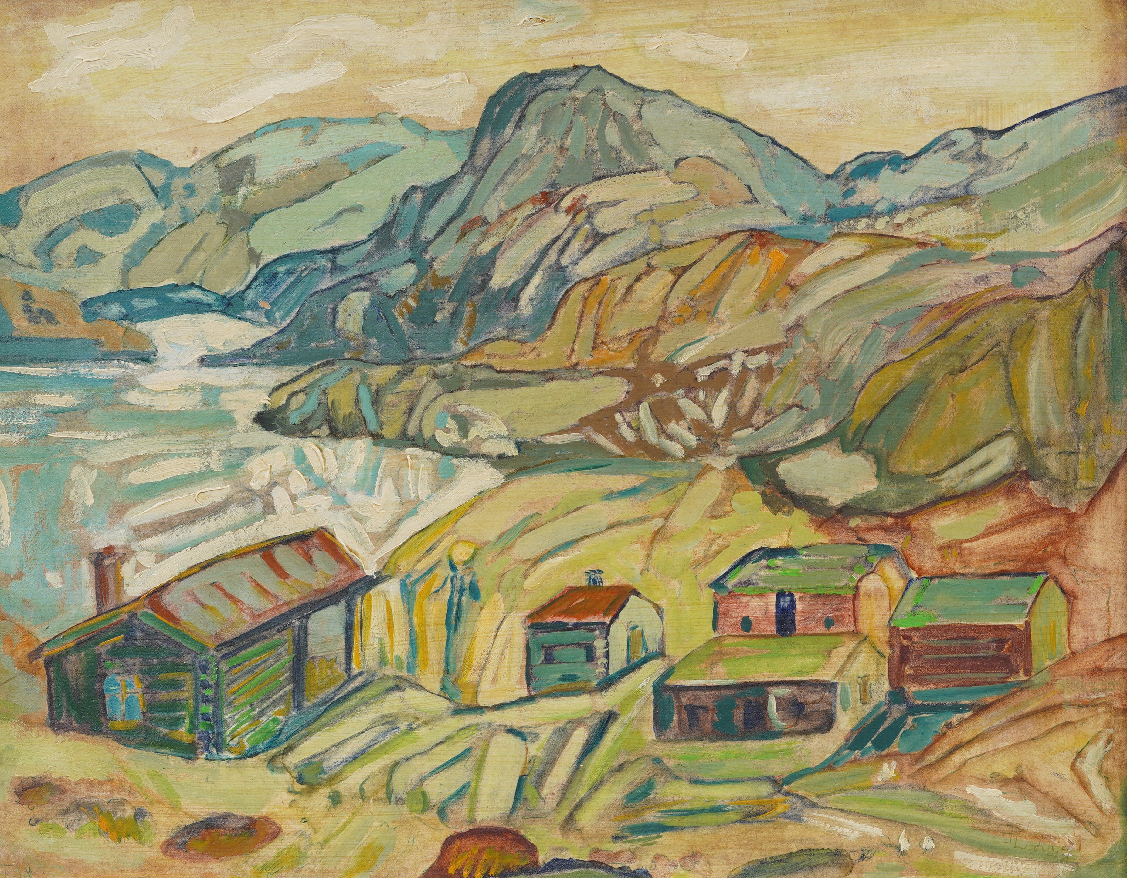 Pittura ad olio europea post-impressionista della valle di montagna Townes, paesaggio moderno - Abstract Painting Marrone di Unknown