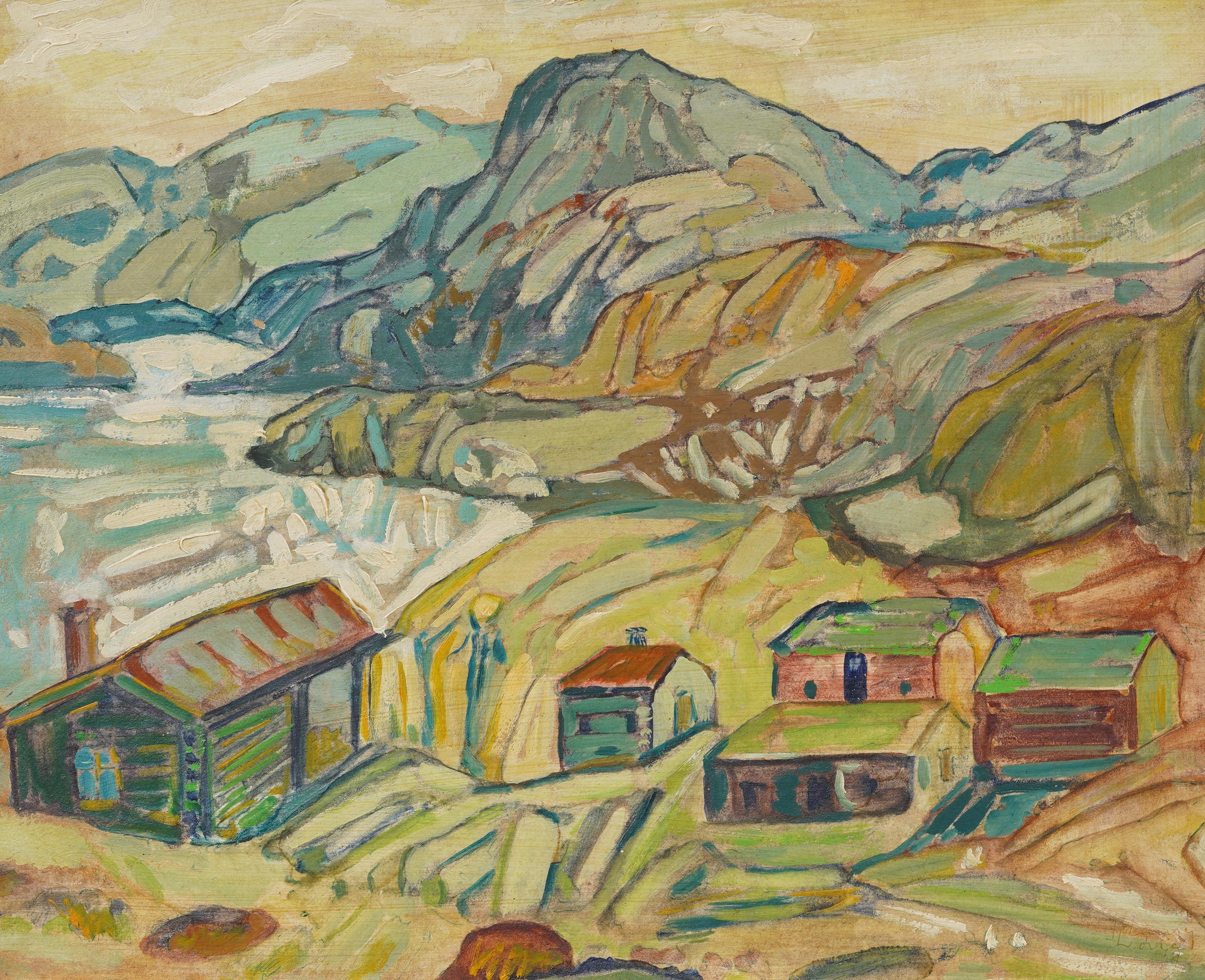 Questo espressivo dipinto di paesaggio della metà del secolo scorso cattura un'aspra ambientazione montana con pennellate audaci e gestuali e una tavolozza vivace e modernista. Probabilmente dipinta da un artista europeo post-impressionista negli