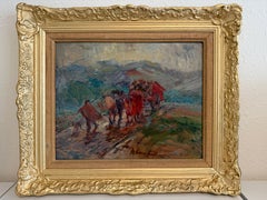 Escuela Europea 1955 Firmado Óleo Carreta de bueyes Paisaje rural Arte enmarcado