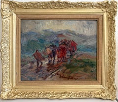 Escuela Europea 1955 Firmado Óleo Carreta de bueyes Paisaje rural Arte enmarcado