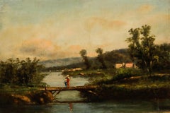 Ölgemälde der europäischen Schule des 19. Jahrhunderts – frühes Abend am Fluss