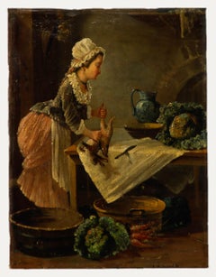 European School 19th Century Oil - Preparing Rabbit