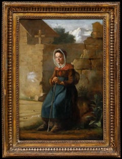 European School 19th Century Oil - Resting by the Cemetery
