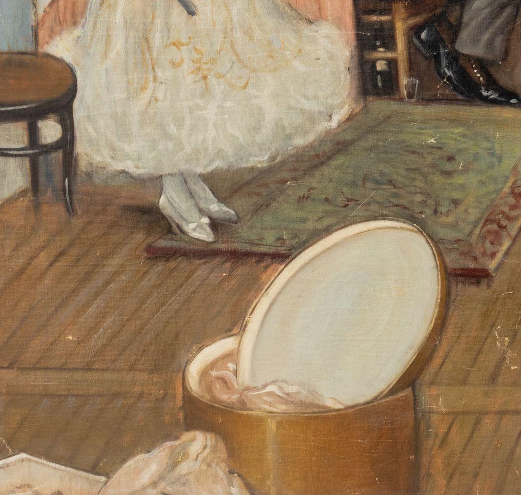 Scuola europea, Scena di corteggiamento, Olio su tela, inizio XX secolo, firmato in modo illeggibile in basso a destra, cornice in legno dorato. Immagine: 47,5