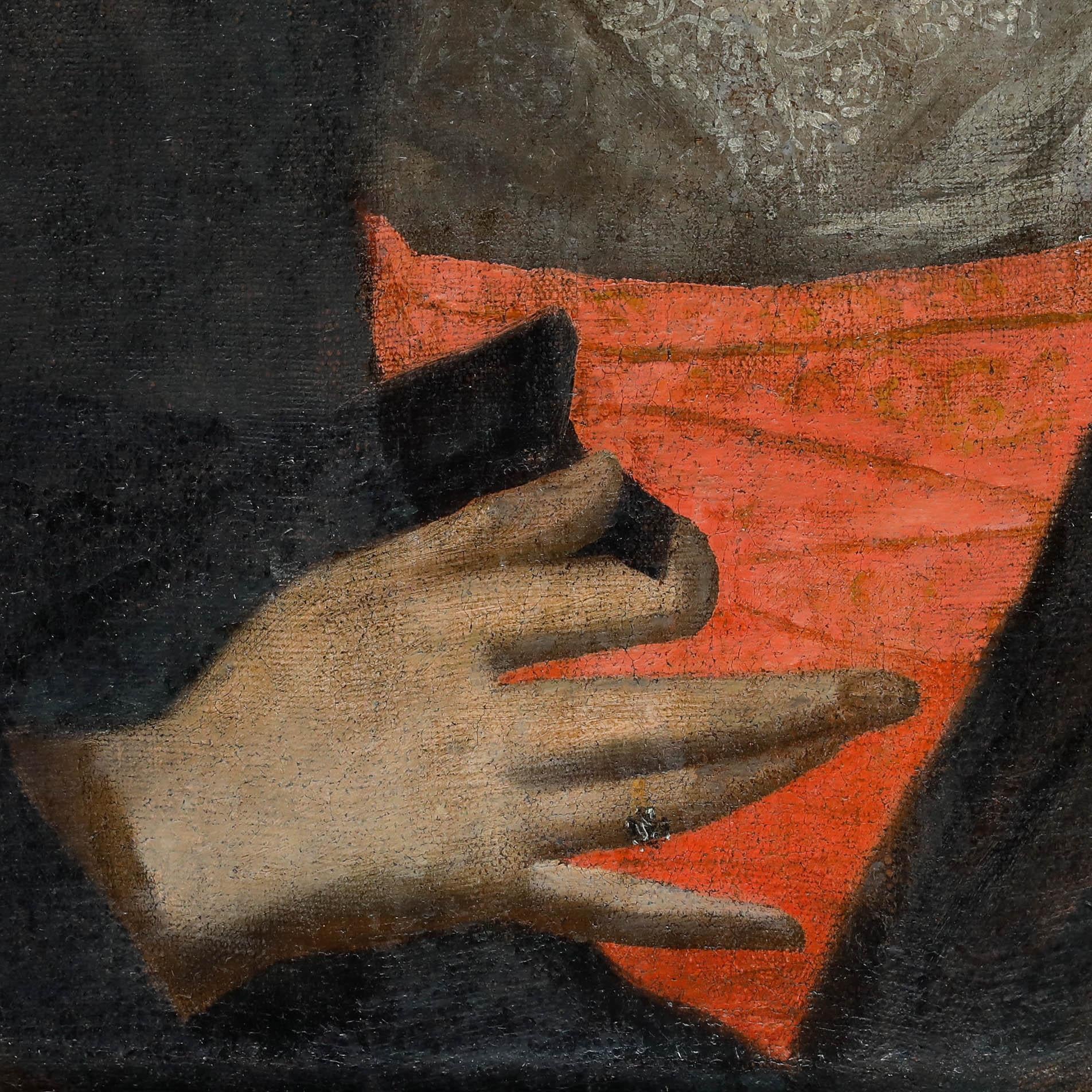 This portrait features a striking contrast between the subject's vibrant red dress and the dark background, drawing the viewer's eye to the centre of the composition. Her unique hand gesture could be a suggestion that she is part of the Catholic