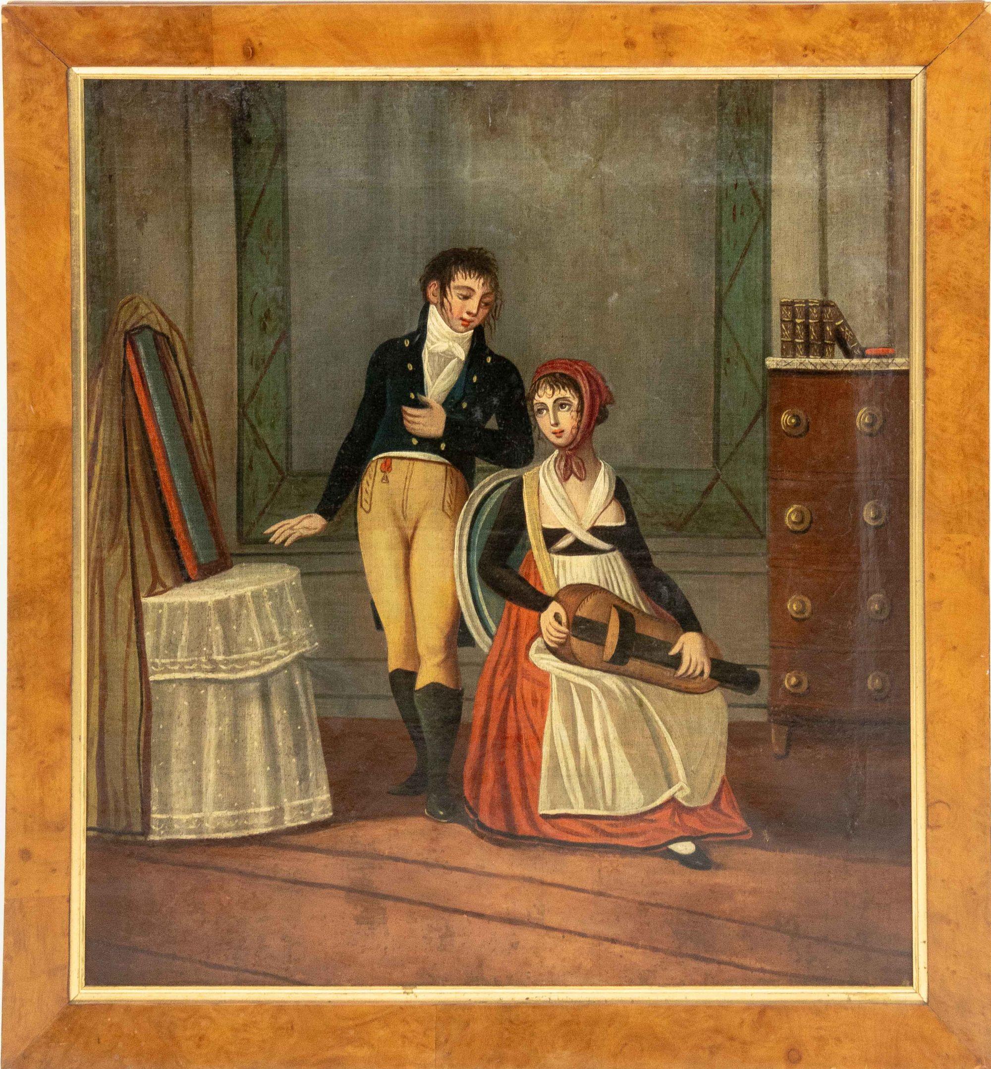 Unknown Figurative Painting – Europäische Schule, Innenraumszene, Drehleier spielen, Öl, 19. Jahrhundert