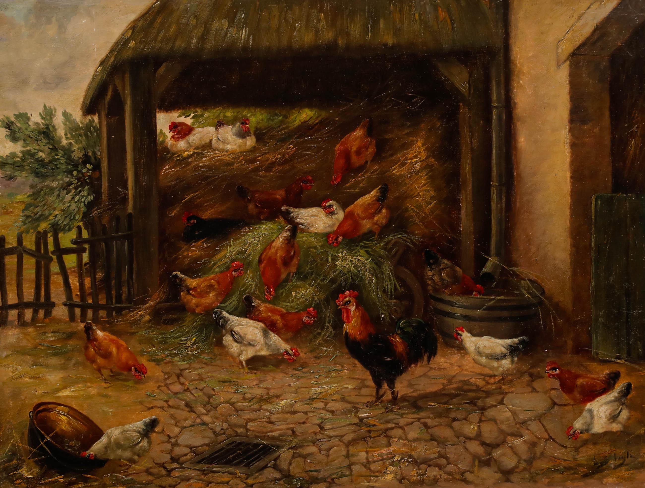 Olio di scuola europea della fine del XIX secolo - Scena di cortile con galline - Painting di Unknown
