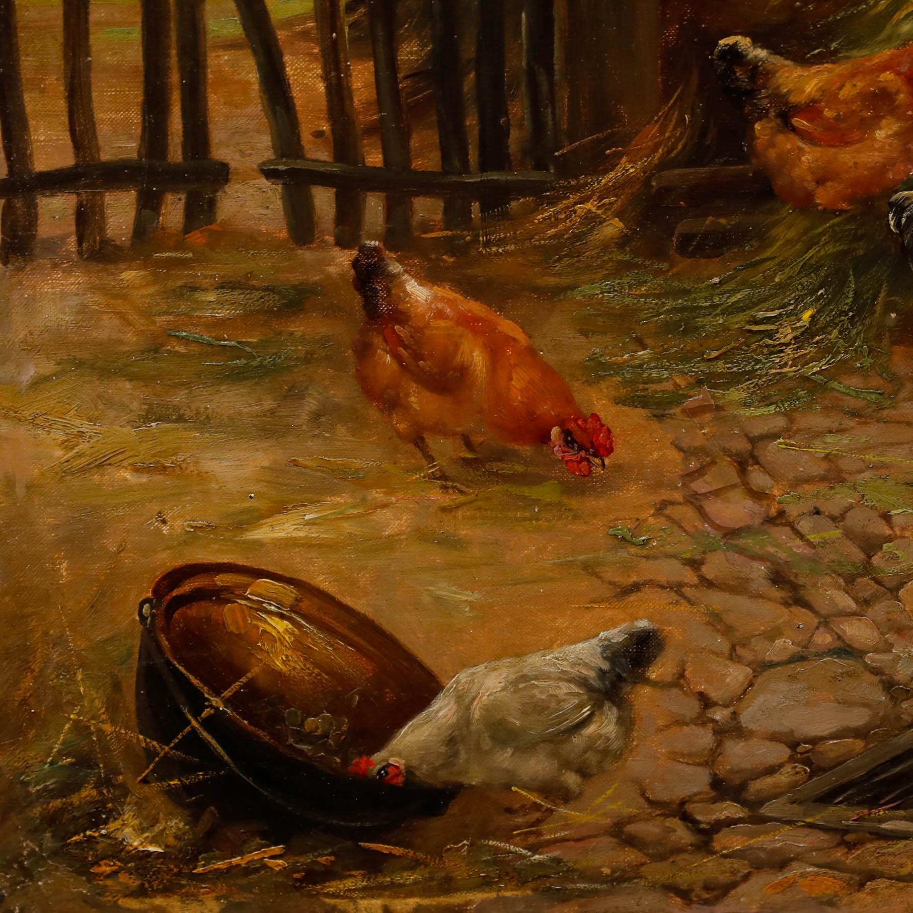 Questa affascinante scena rurale raffigura un'aia vivace con galline e un gallo che beccano il terreno e il fieno del contadino alla ricerca di un chicco di mais o di un gustoso insetto. Piume, paglia e ciottoli sono stati dipinti meticolosamente