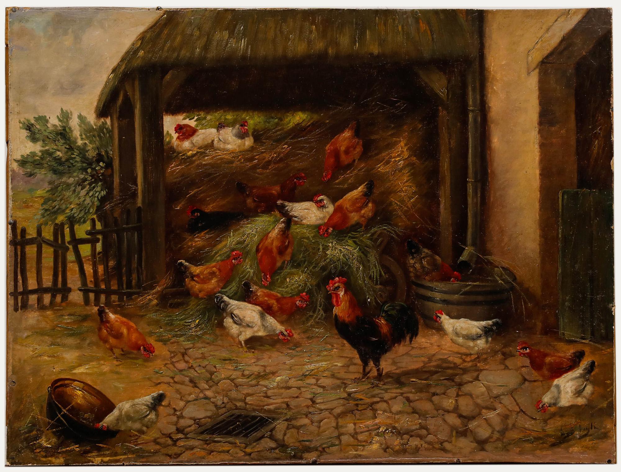 Landscape Painting di Unknown - Olio di scuola europea della fine del XIX secolo - Scena di cortile con galline