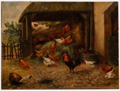 Europäische Schule des späten 19. Jahrhunderts Öl - Bauernhofs-Szene mit Hühnern, Europäische Schule