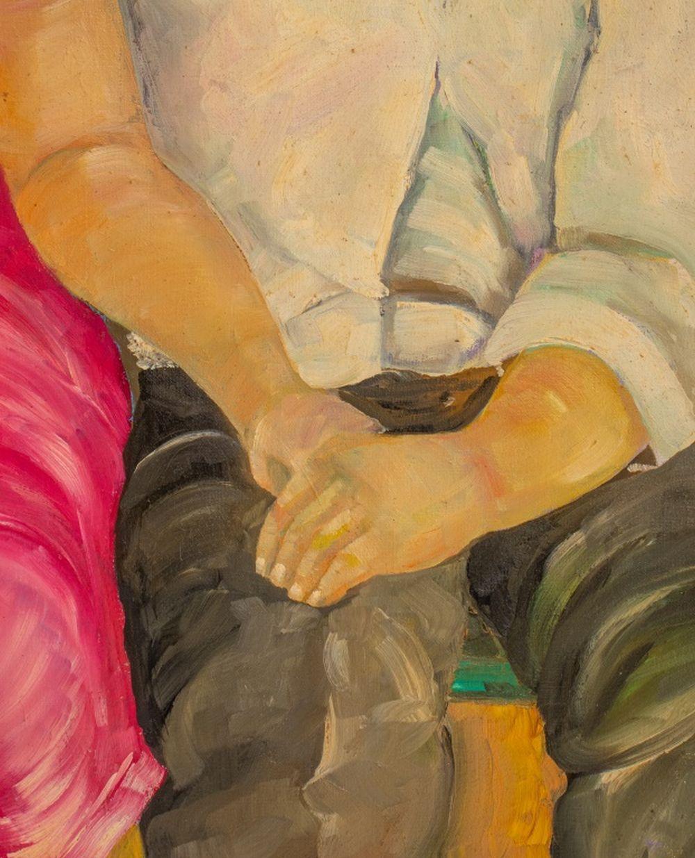 École européenne, Homme et femme, huile sur toile, représentant un couple assis sur un banc de jardin sur un fond abstrait, signé 