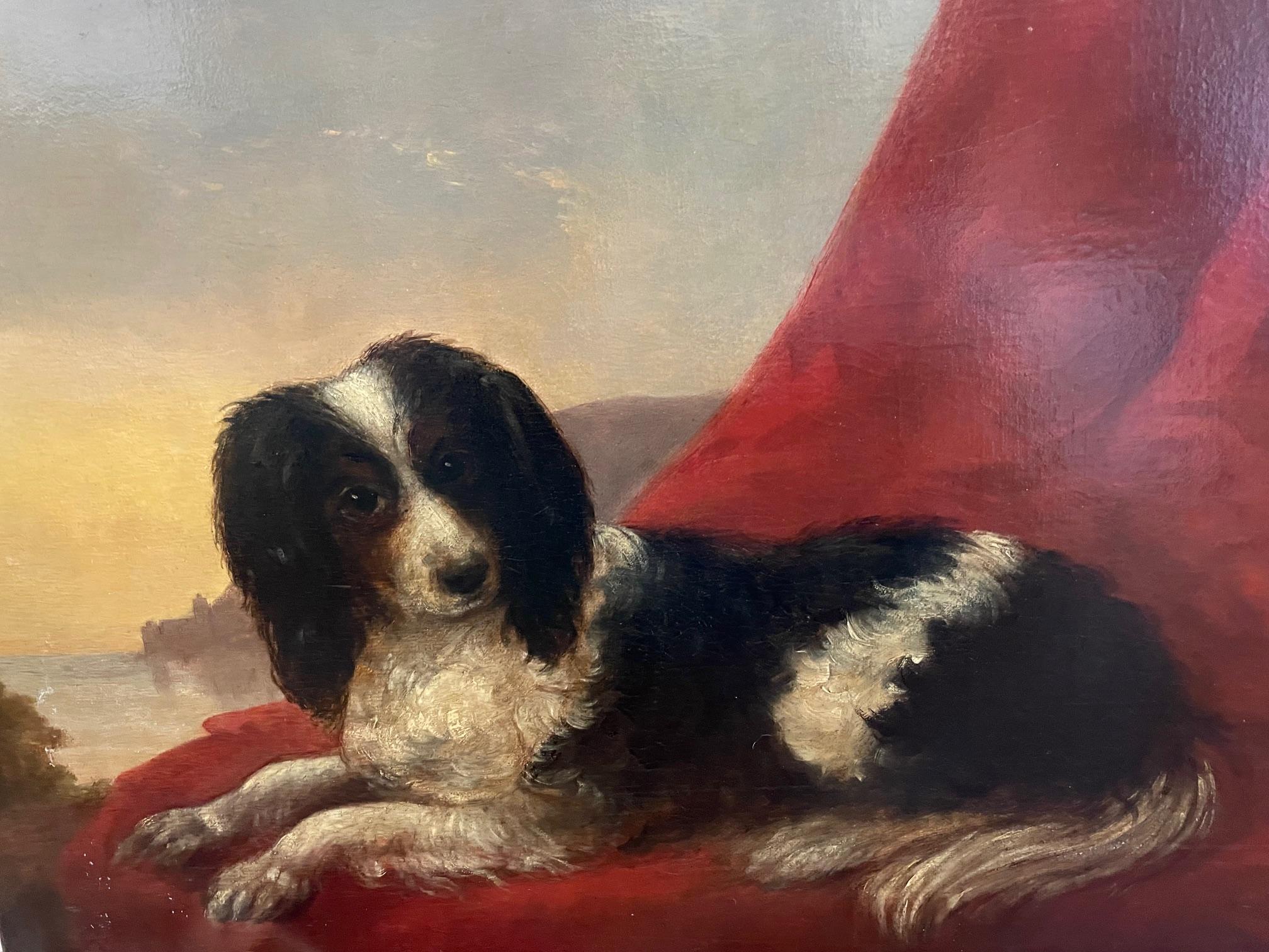 Spaniel europeo sobre tela roja con vista a la costa,  hacia 1800 5