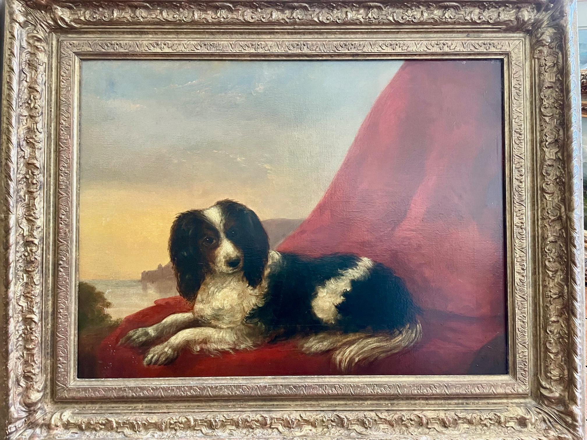 Spaniel europeo sobre tela roja con vista a la costa,  hacia 1800 - Painting Naturalista de Unknown