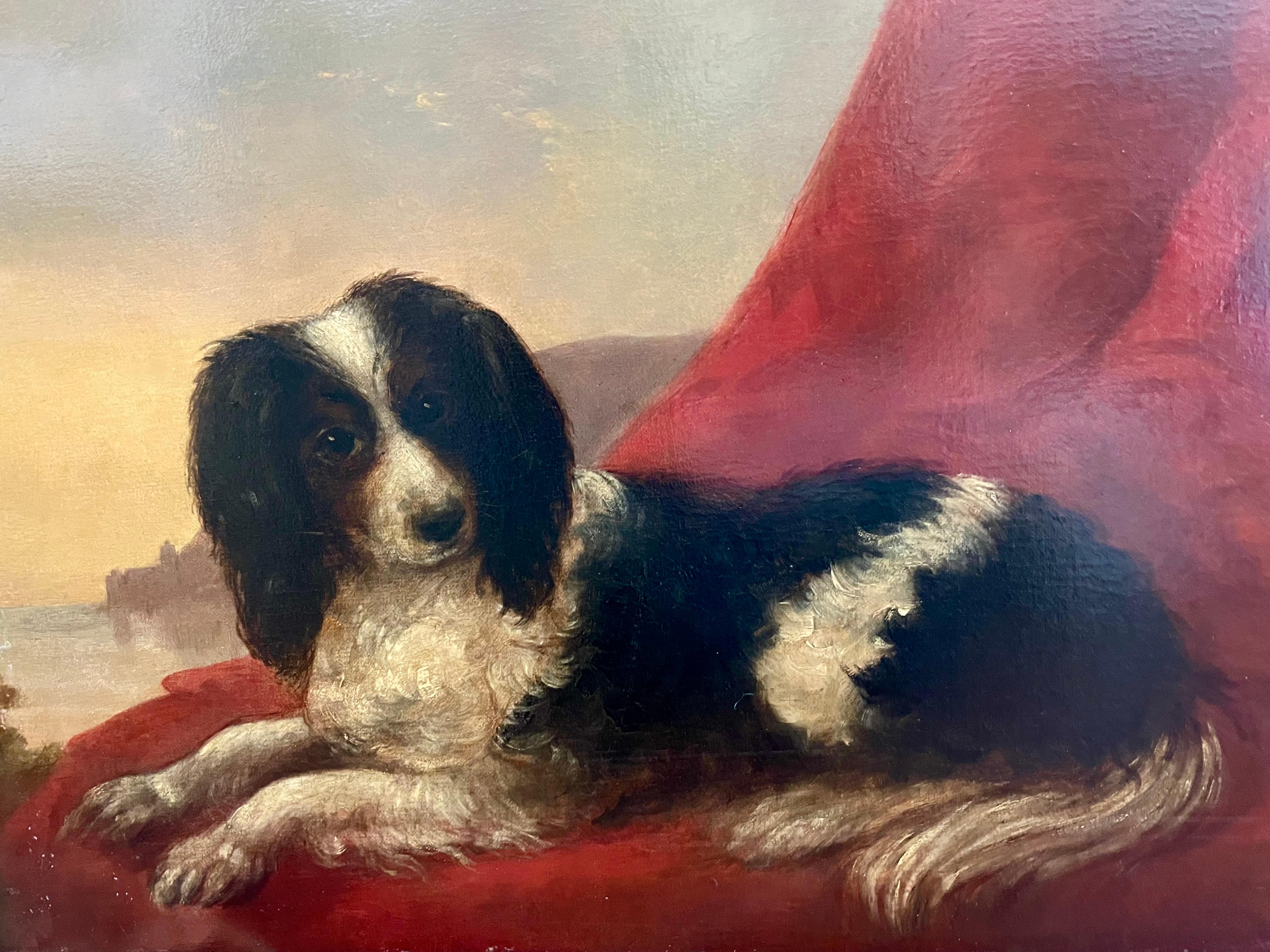 Spaniel europeo sobre tela roja con vista a la costa,  hacia 1800 6