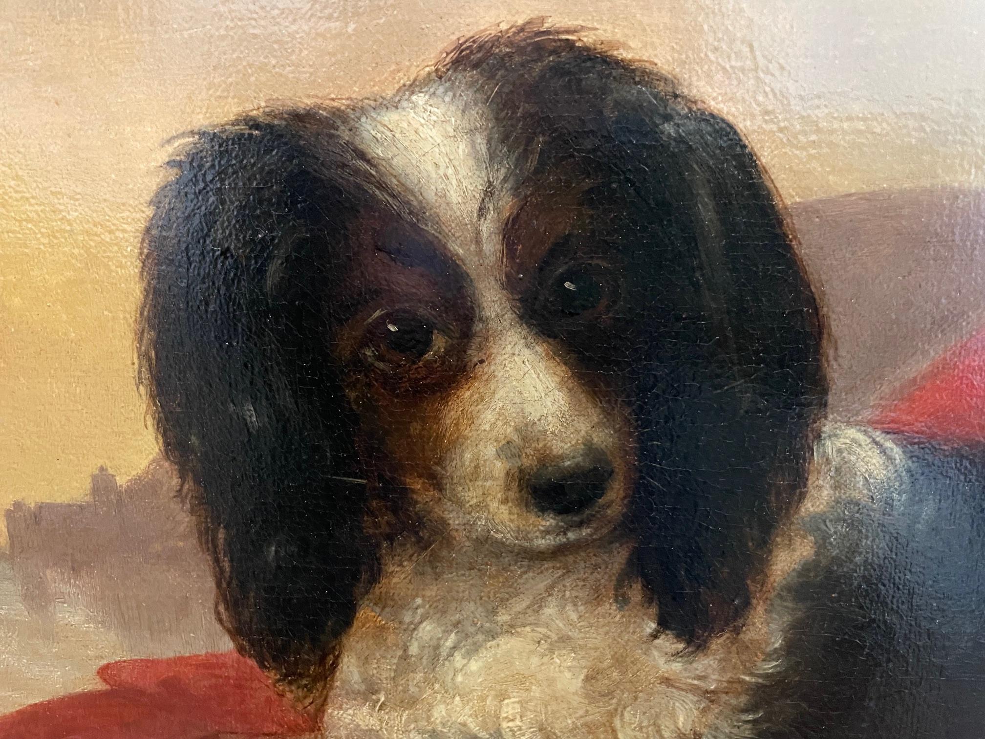 Spaniel europeo sobre tela roja con vista a la costa,  hacia 1800 3