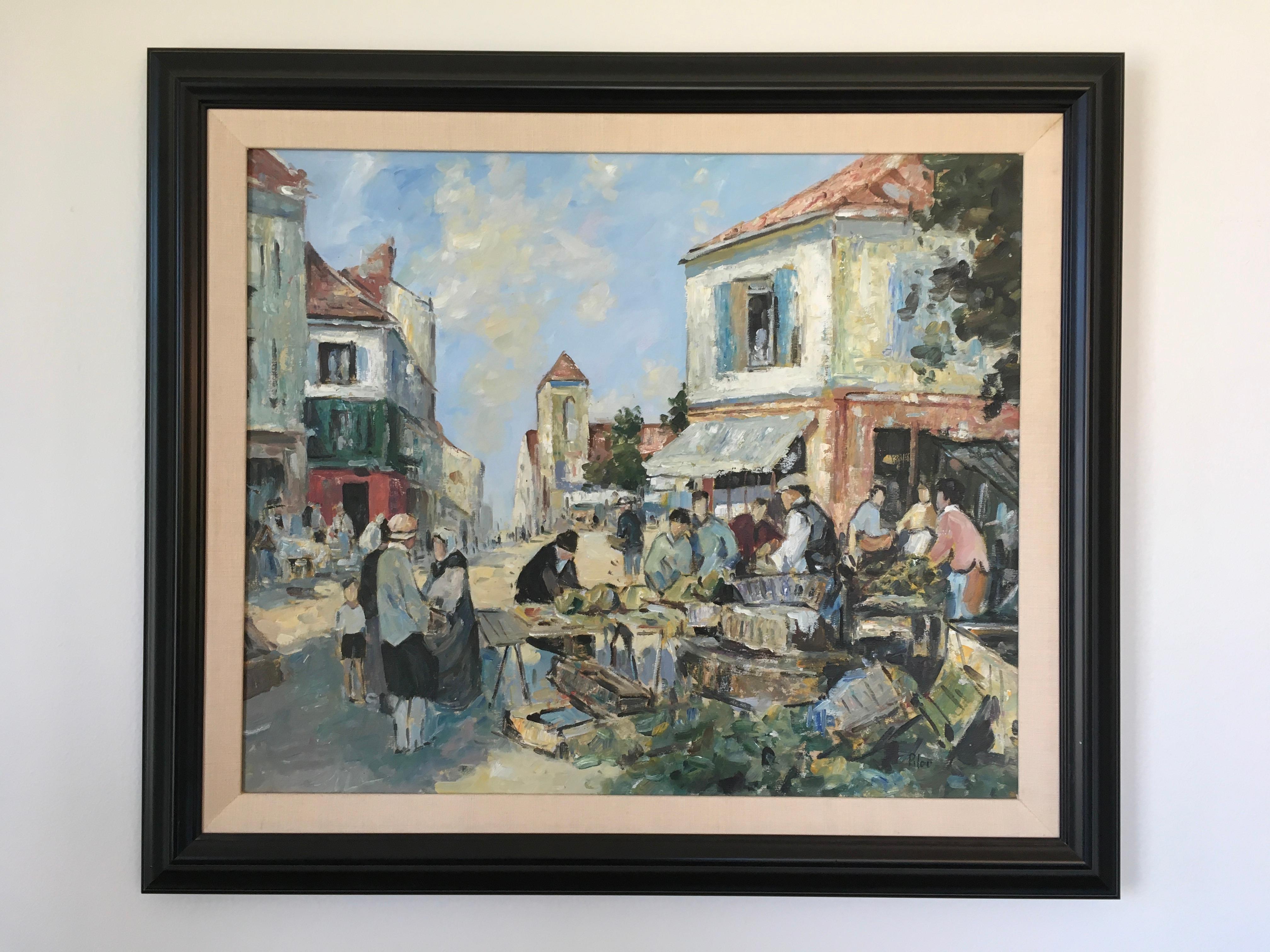 This signed 25.5" x 29.5" oil on canvas painting is by an unknown artist as the signature is unintelligible in the bottom right corner of the painting. The painting depicts a busy street scene with people, buildings, and market. The figures are