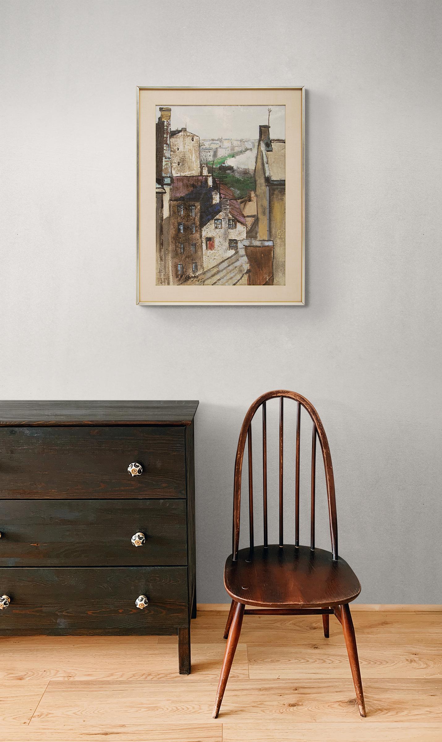 Pittura ad olio del 1960 di un paesaggio urbano europeo con tetti e case, vista sulla città in vendita 3