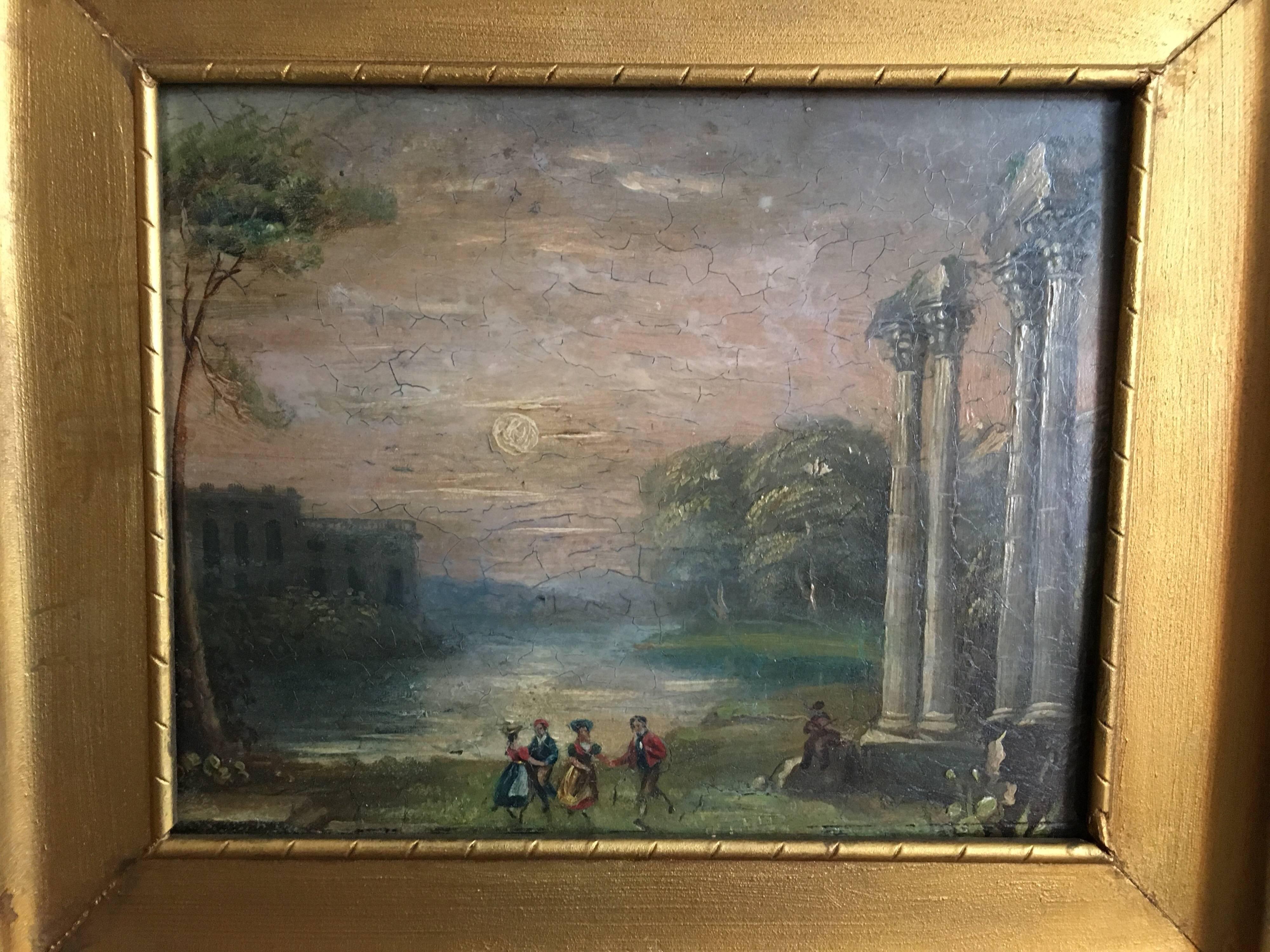 Evening Dance Classical Roman Ruins, Antique Oil - Gray Landscape Painting by Unknown