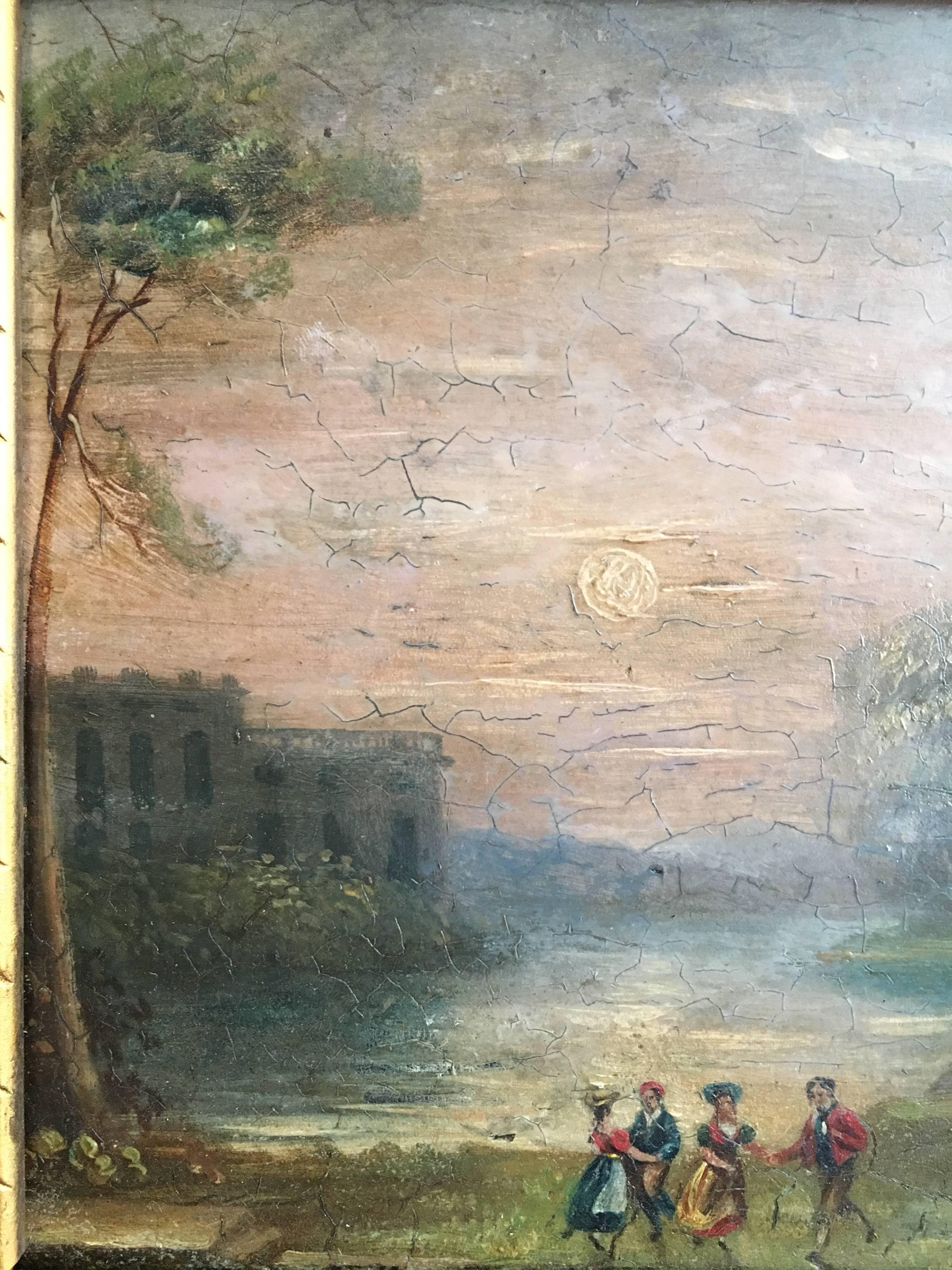 Evening Play
Italian School, mid 19th Century
Oil painting on board, framed
Framed size: 11.5 x 13 inches

Lovely antique oil painting of some children playing in the evening within the impressive grounds of ancient classical Roman ruins.

The low